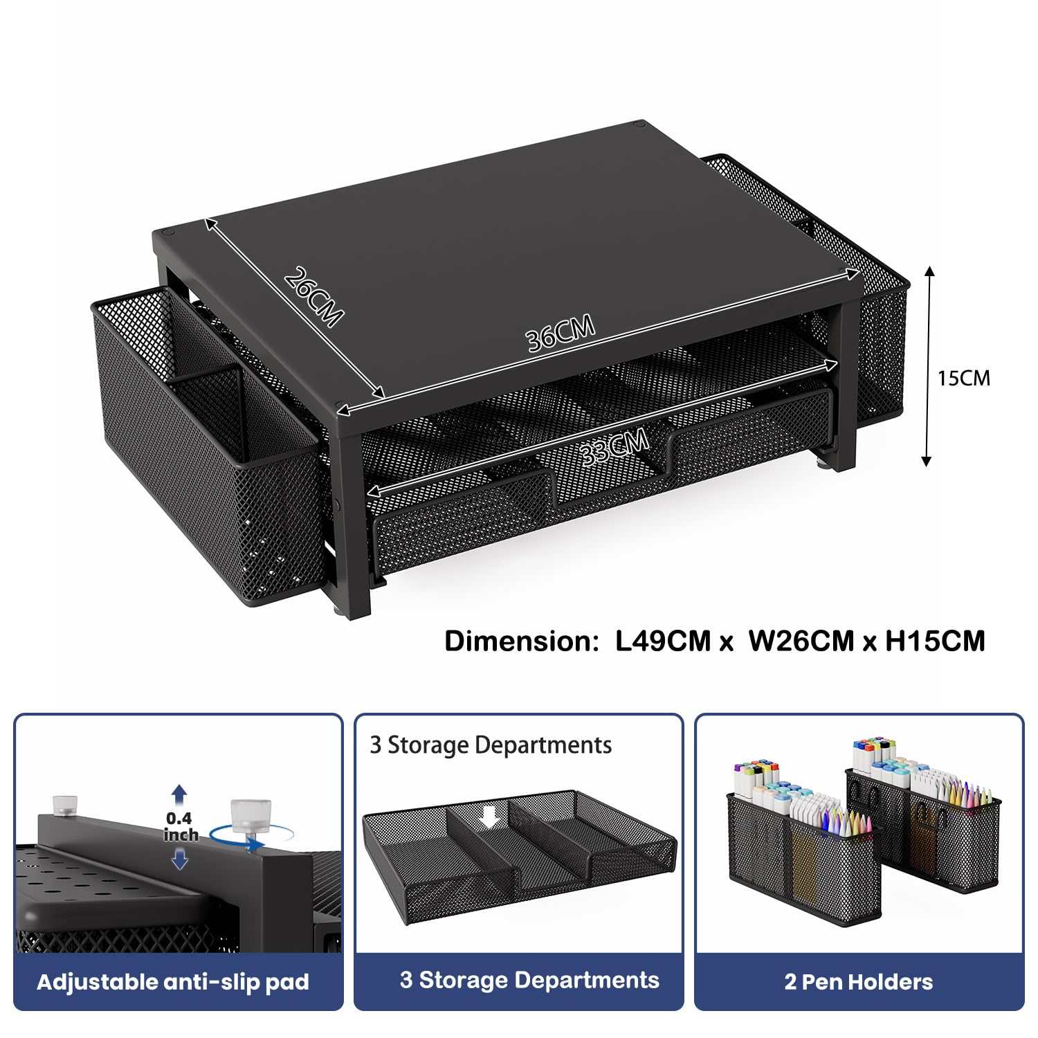 2 Tier Monitor Stand Riser with Drawer & 2 Pen Holders Storage for Desktop, Metal Computer Desk Organizer Stand for Laptop, Computer, iMac(Black)