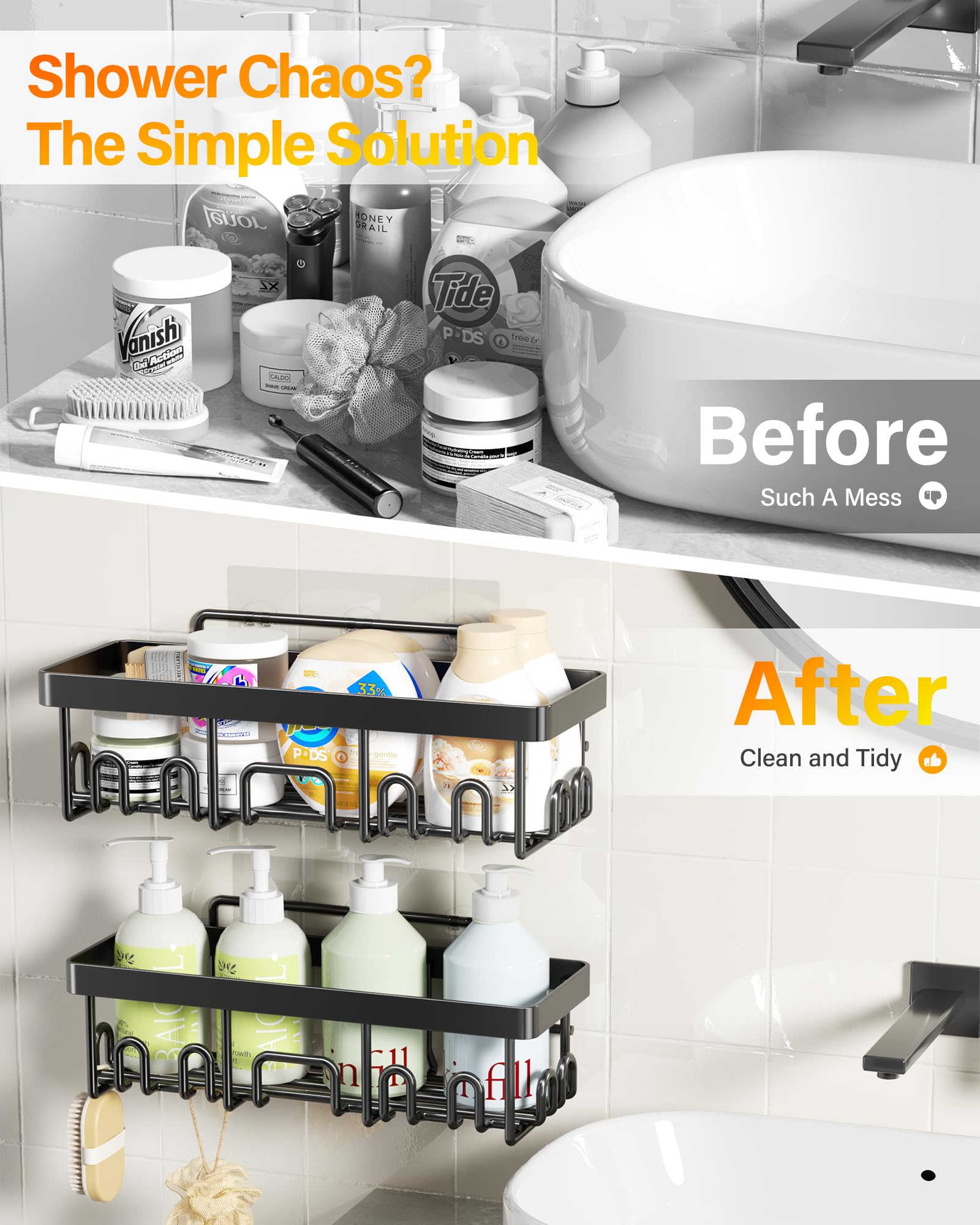 Shower Caddy 6 Pack, Adhesive Bathroom Shower Organizer for Bathroom Storage, No Drilling Large Capacity Rustproof Stainless Steel Bath Shelves Rack for Bath, Black