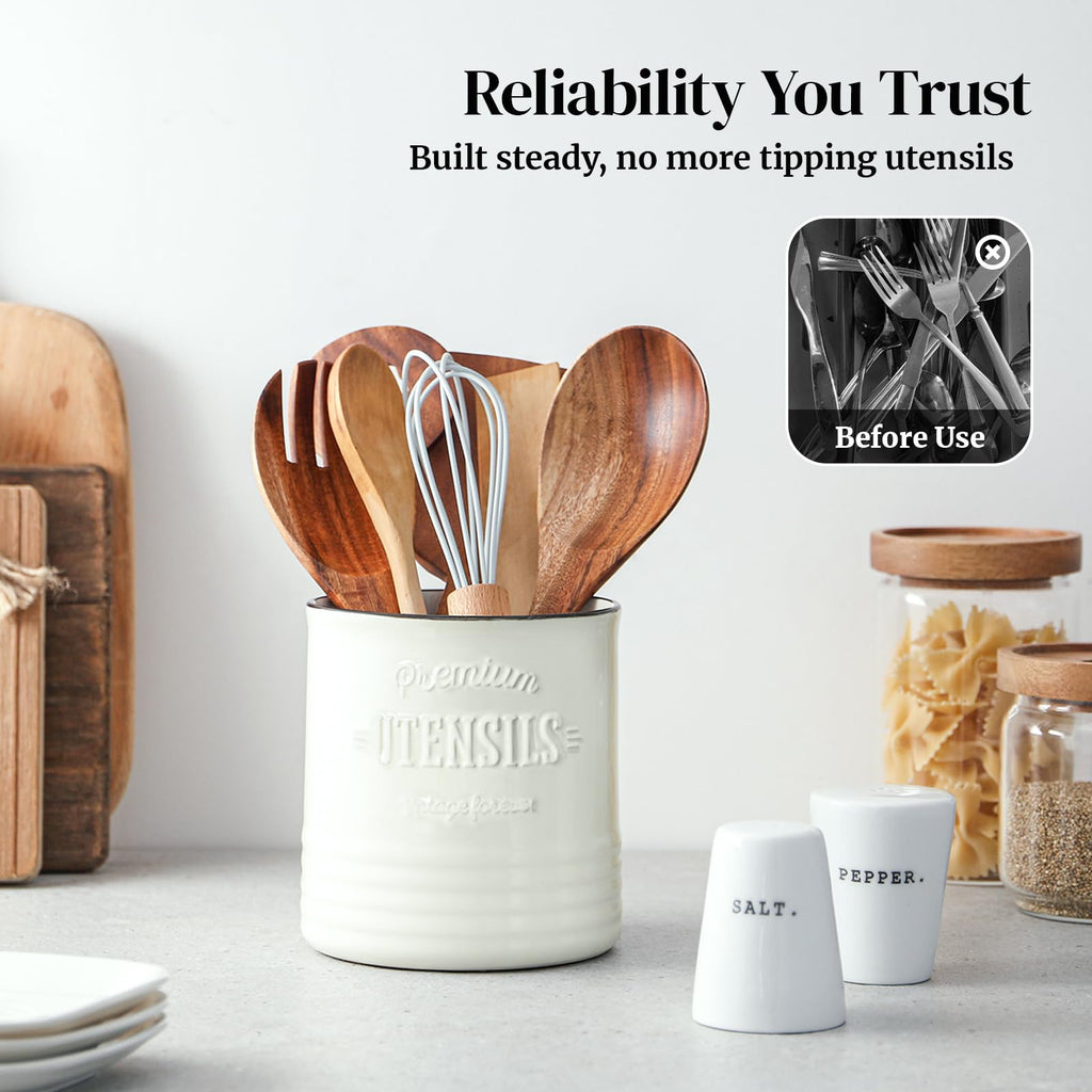 DOWAN Kitchen Utensil Holder, 7.2″ Extra Large Ceramic Utensil Crock, White Utensil Caddy, Rustic Farmhouse Kitchen Décor, Countertop Utensil Organizer with Table-Protection Cork Mat, Deep and Stable