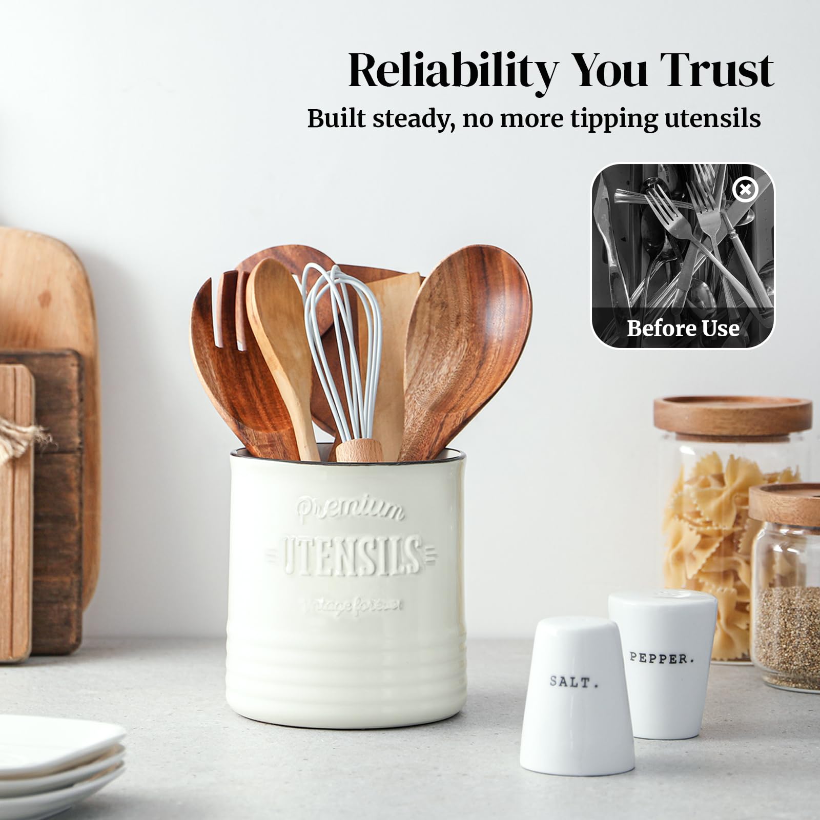 DOWAN Kitchen Utensil Holder, 7.2″ Extra Large Ceramic Utensil Crock, White Utensil Caddy, Rustic Farmhouse Kitchen Décor, Countertop Utensil Organizer with Table-Protection Cork Mat, Deep and Stable
