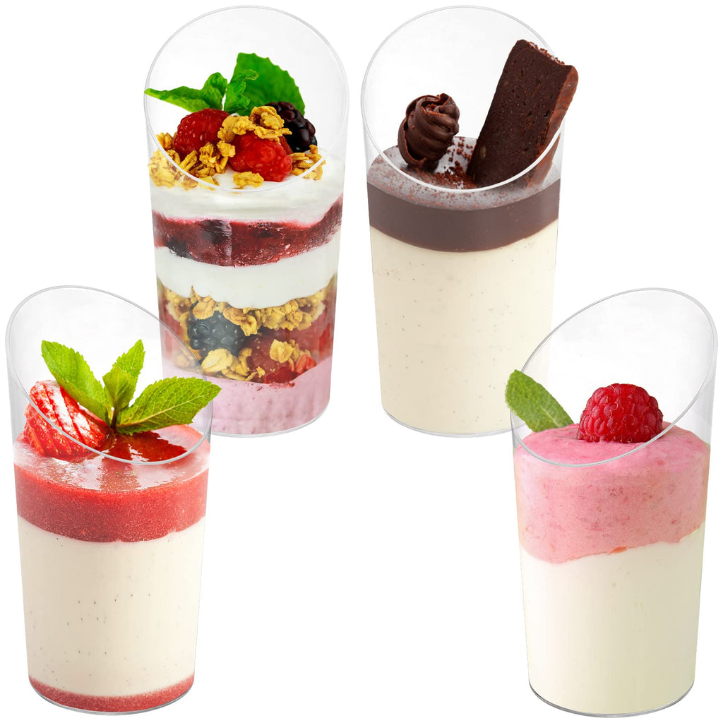 Tosnail 100 Pack 2.5 Oz/75ML Mini Plastic Dessert Appetizer Tumbler Cups with 100 Spoons, Clear Parfait Cup Slanted Pudding Container, Disposable Party Cups for Weddings, Party Event, Business - Round