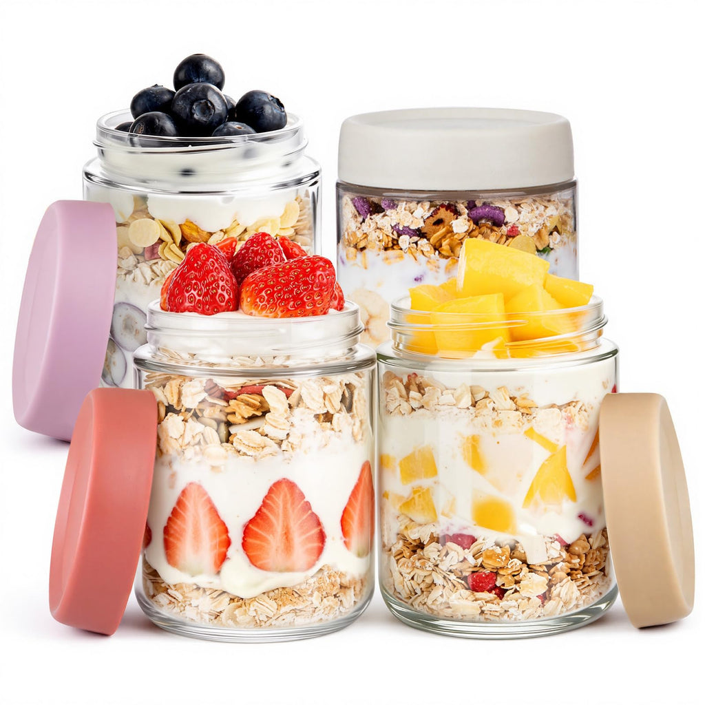 Overnight Oats Jars, Thyme Space 4 pack 500ml/16 oz Overnight Oatmeal Container with Lid for Homemade Yogurt Oatmeal Salad Jam Pudding