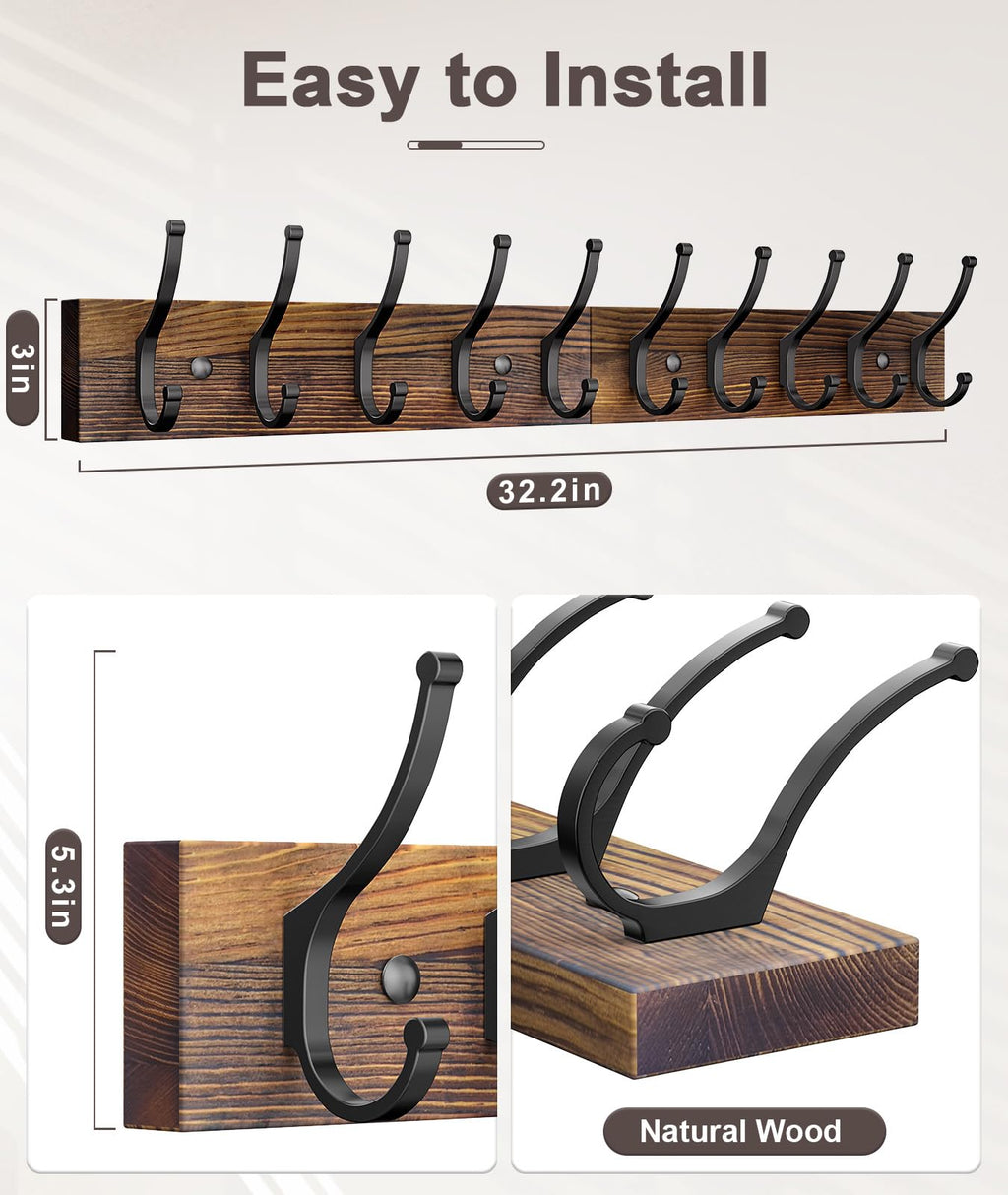 Optish 2 Pack Wooden Coat Rack Wall Mount, 16.1" Rustic Coat Hanger Hooks Wall Mount, Wall Coat Rack for Hat, Clothes, Bags, Jacket - Brown