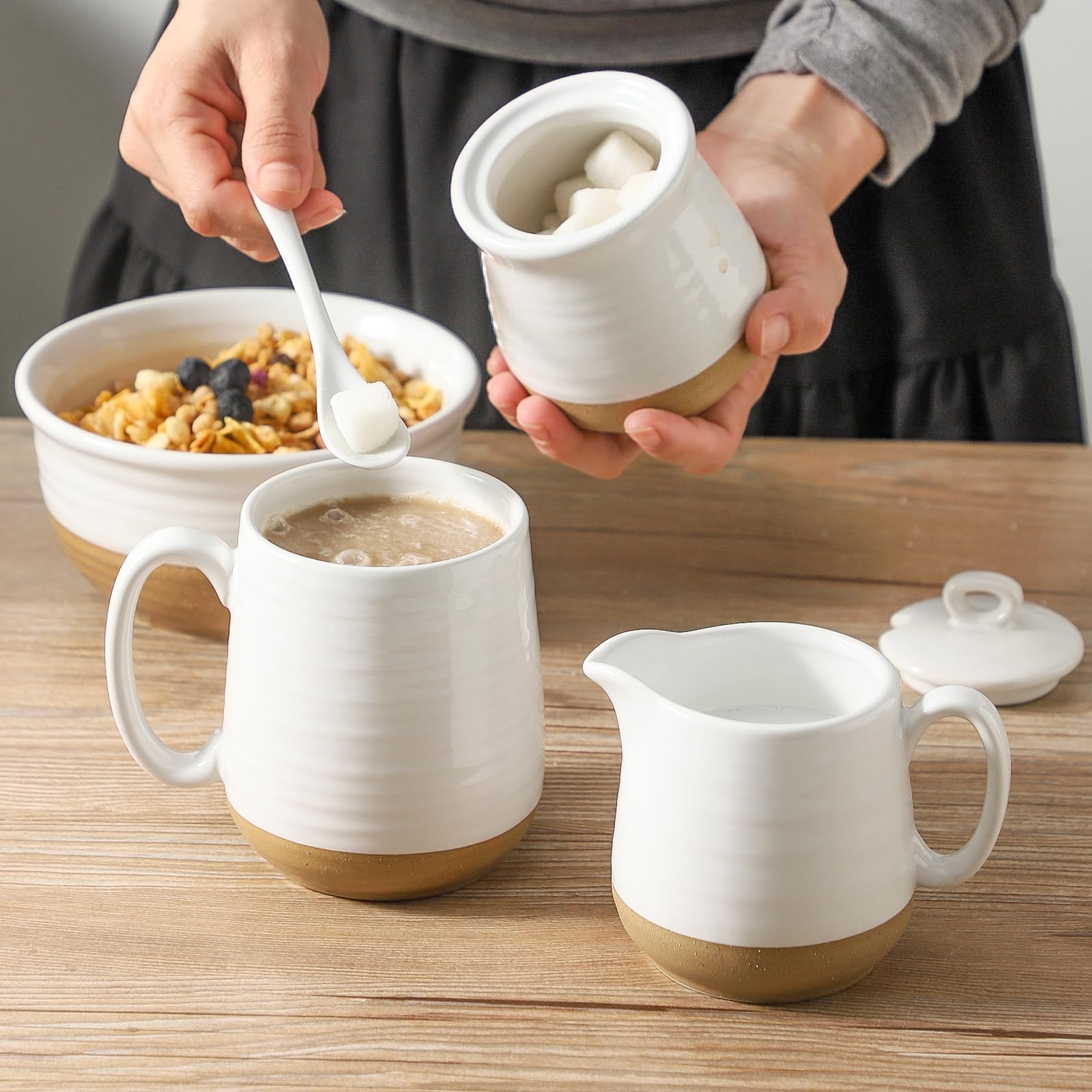 Hasense Ceramic Sugar and Creamer Set, 3 Piece Coffee Serving Set with Cream Pitcher, Sugar Bowl, Lid & Spoon, 10 Ounce Sugar and Creamer Set for Coffee Bar, Perfect for Wedding Gift (White)