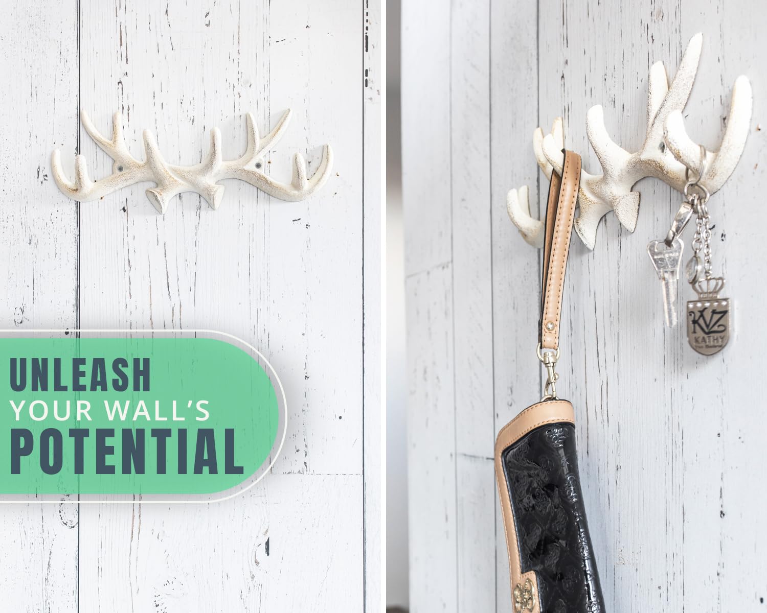 Comfify Vintage Cast Iron Deer Antlers Wall Hooks Antique Finish Metal Clothes Hanger Rack w/Hooks - 4.5"x1.5" - in Antique White
