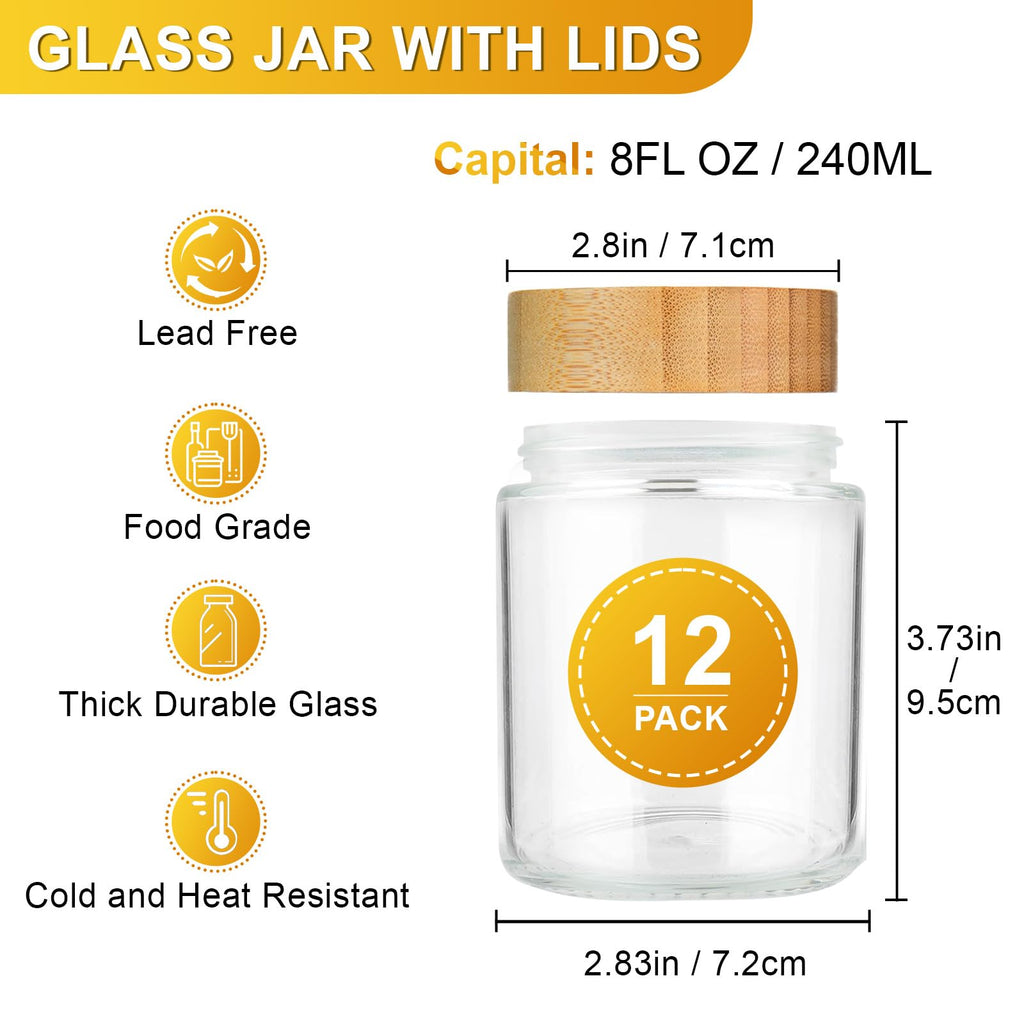AISIPRIN 12-Piece 8oz Glass Jars with Bamboo Lids, Multi-Purpose Spice & Canning Jars, Includes 210 Labels and Marker