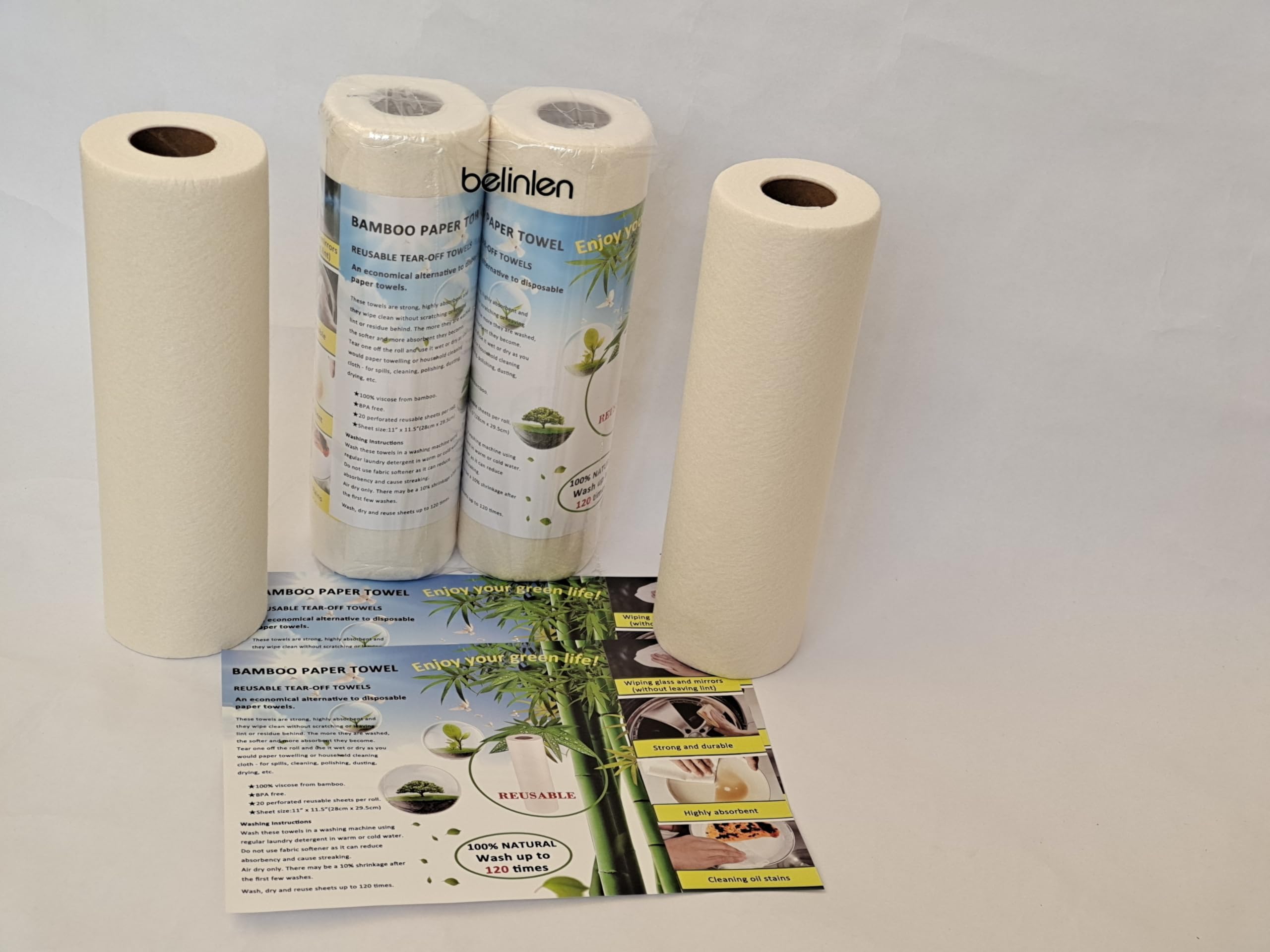 Belinlen Bamboo Paper Towels Replacement 4 Rolls 80 Sheets Heavy Duty Machine Washable Reusable Paper Towels for Kitchen and Daily Use(11x12”, 4 Rolls)