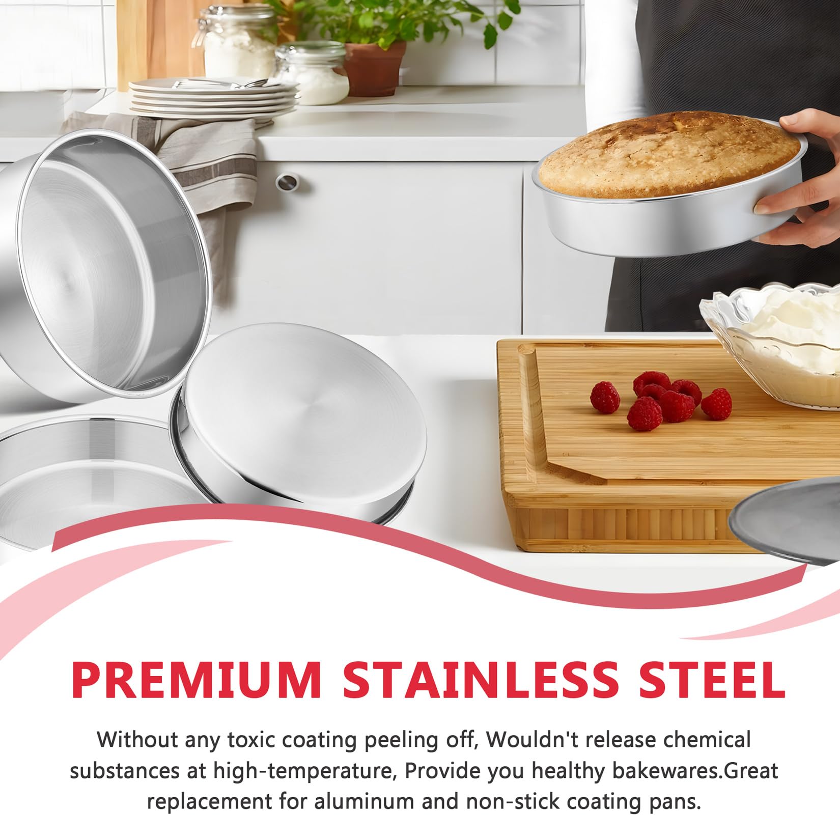 P&P CHEF 8 Inch Cake Pan Set, 3 Pcs Round Baking Pans Stainless Steel Layer Birthday Wedding Cake Pans, Fit Oven/Pots/Pressure Cooker, Non Toxic & Heavy Duty, Dishwasher Safe