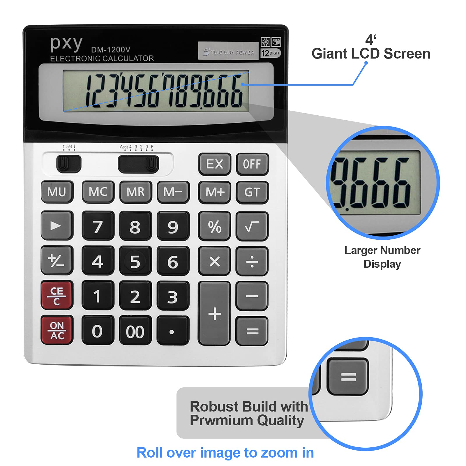 Large Desk Calculator Basic, Touch Comfortable with Large Buttons, PXY Two Way Power Battery and Solar Standard Function Office Calculators,12 Digit Calculatrice Large Display Clearly