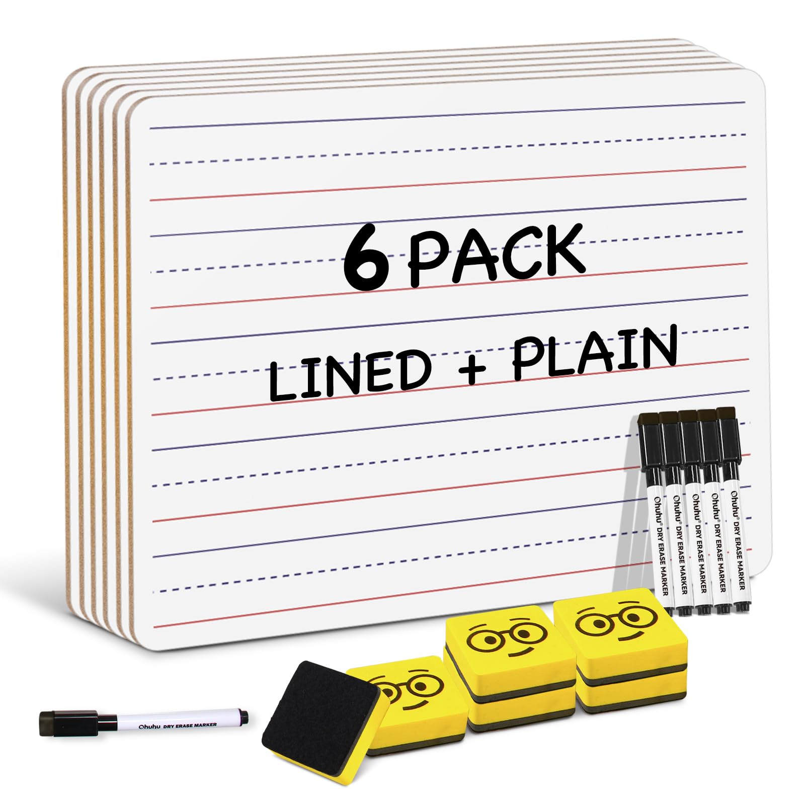 Ohuhu 6-Pack Small White Boards, Double-Sided Dry Erase Boards, Lined & Plain, 9 x 12 Inch Mini Whiteboards Set, Including 6 x Lapboards, 6 x Markers, 6 x Erasers, Ideal for Homeschools & Group Games