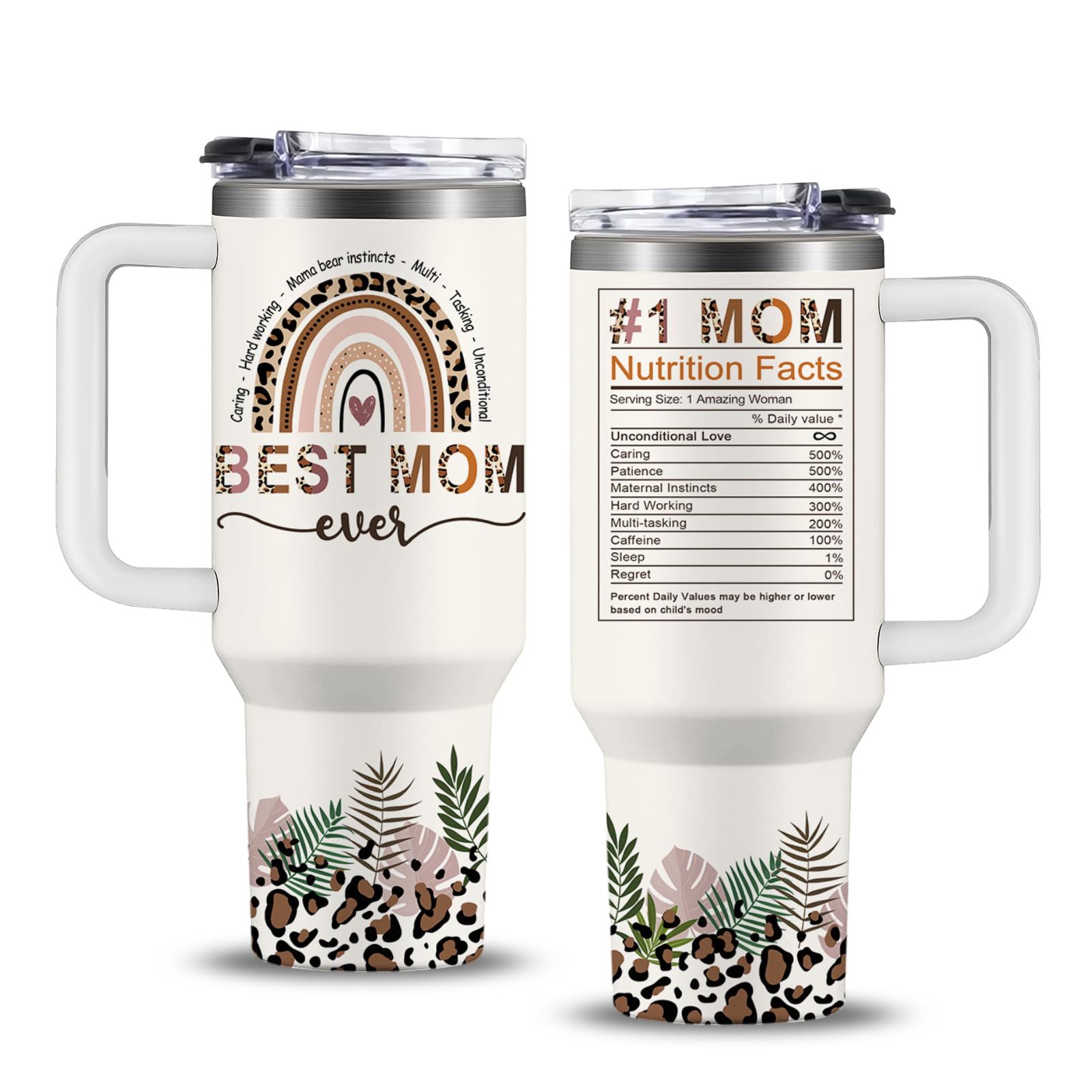 Mom Gifts for Best Mom Ever Tumbler, Birthday Gifts for Moms Tumbler with Handle, Mothers Day Gifts for Mama Mug Large, 40oz Moms Nutrition Facts Cup, Leopard Print