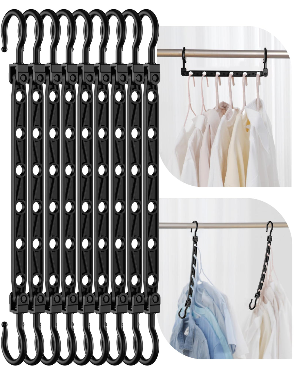 Latoxcaa Space Saving Hangers for Clothes, 24 Pack Collapsible Hangers with 6 Holes and 360° Swivel Hook, Hanger Hooks Space Saver for Closet Organizers and Storage, Dorm Room Essentials, Black