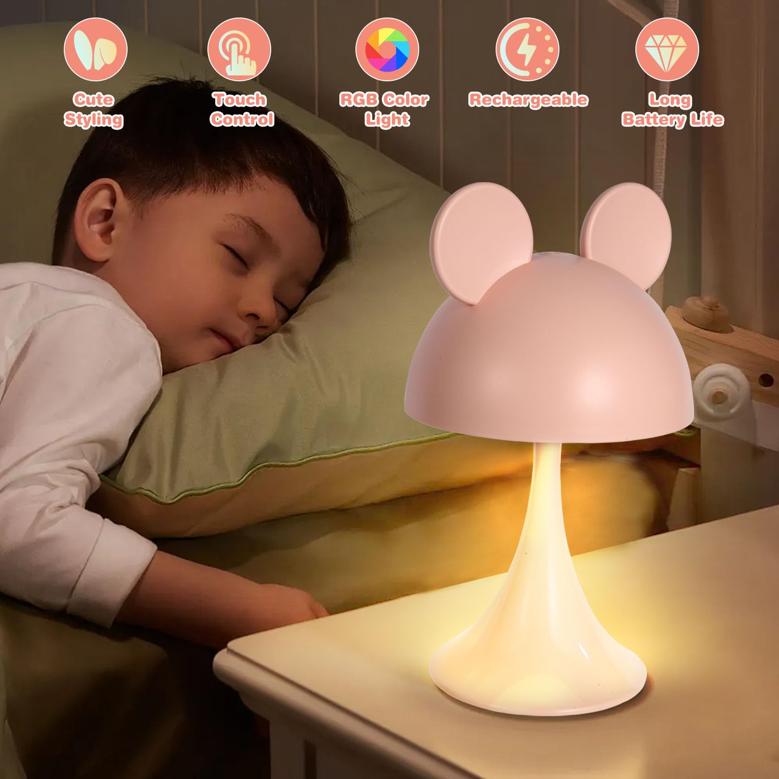 MARZIUS Rechargeable Mouse-Shaped LED Bedside Lamp – Kids Room Night Light with Touch Dimming & 3 Color Temperatures (Pink)