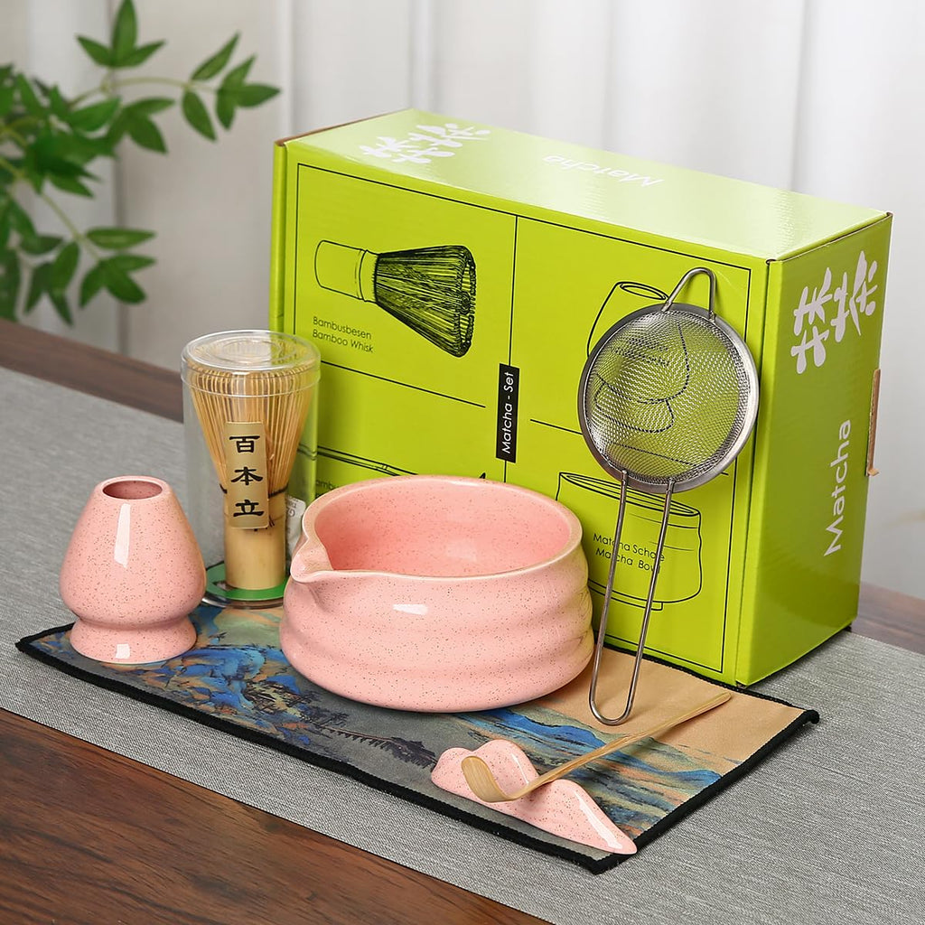 Matcha Tea Ceremony Set with Pink Ceramic Bowl, Bamboo Whisk, Strainer and Mat, 7-Piece Traditional Japanese Style