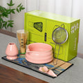 Matcha Tea Ceremony Set with Pink Ceramic Bowl, Bamboo Whisk, Strainer and Mat, 7-Piece Traditional Japanese Style