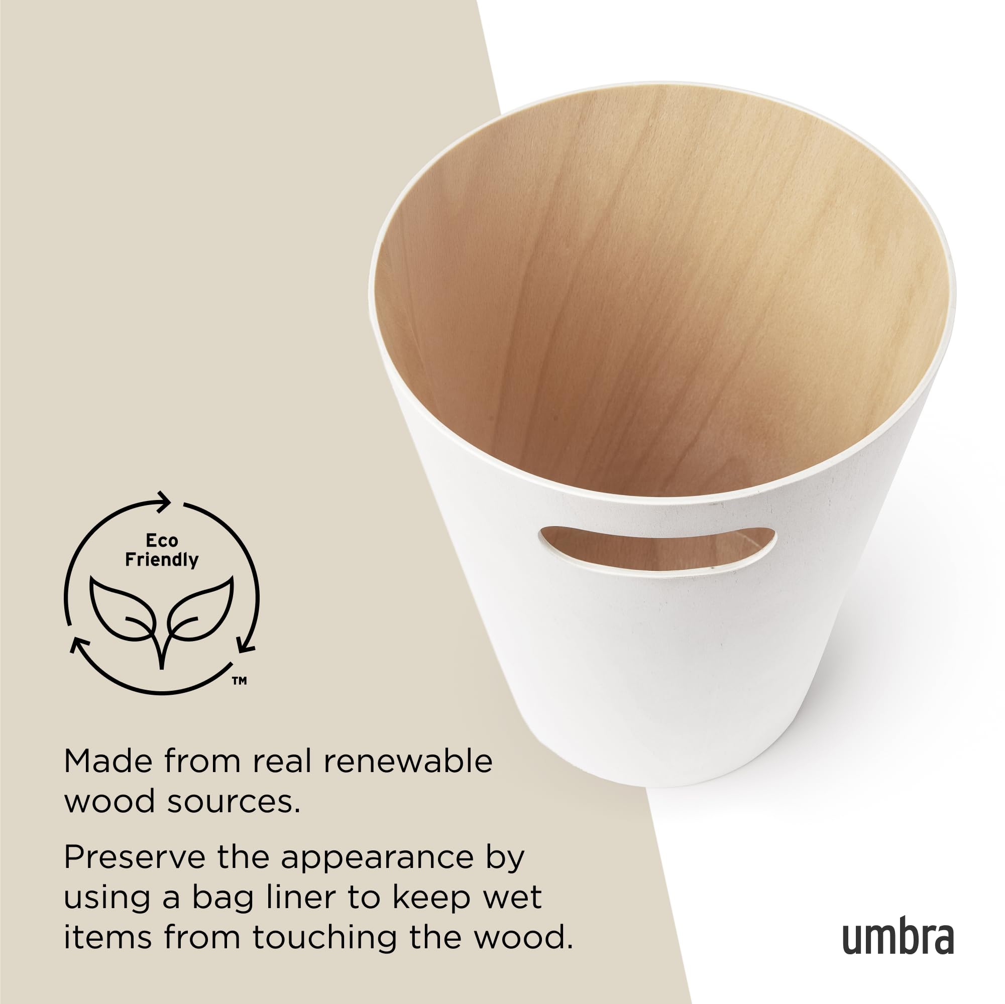 Umbra Woodrow 2-Gallon Modern Wooden Trash Can Wastebasket, Attractive Bin for Garbage or Recycling, Suitable for Home or Office, White/Natural