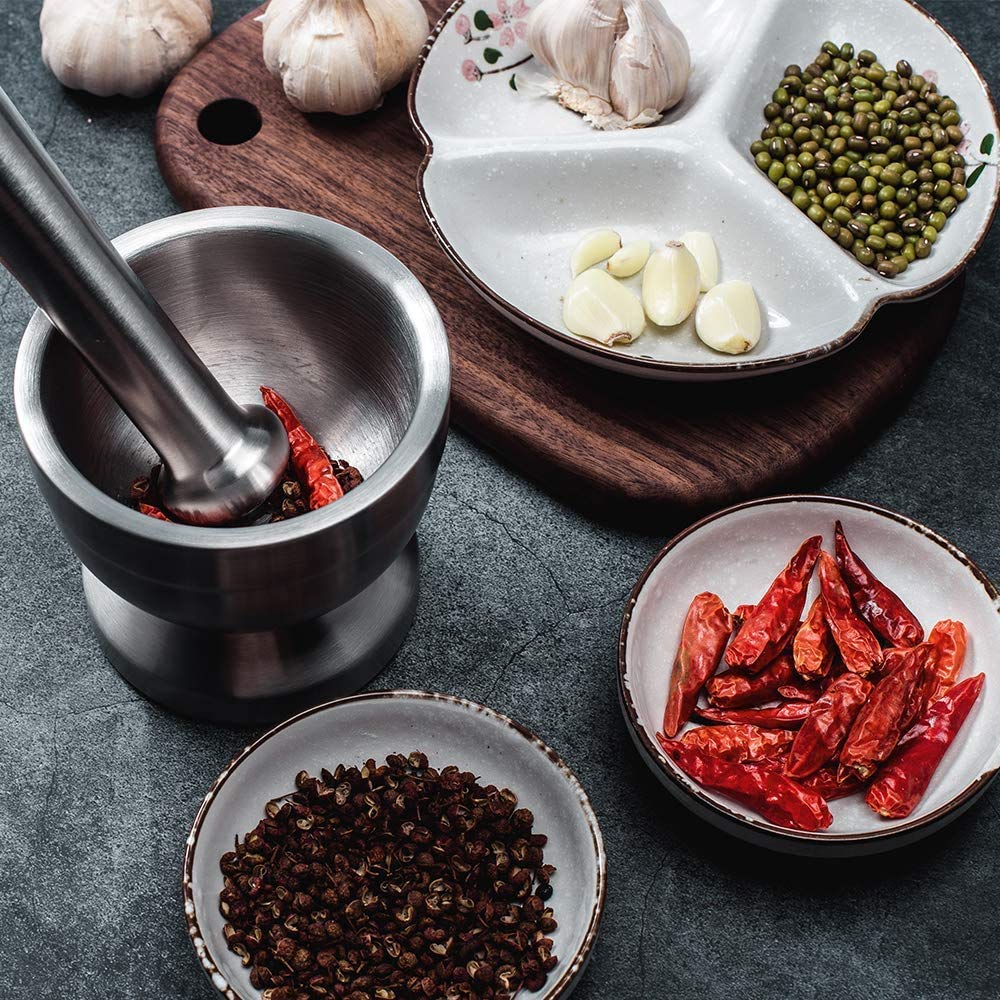 Tera 18/8 Stainless Steel Mortar and Pestle with Brush,Pill Crusher,Spice Grinder,Herb Bowl,Pesto Powder 250ml