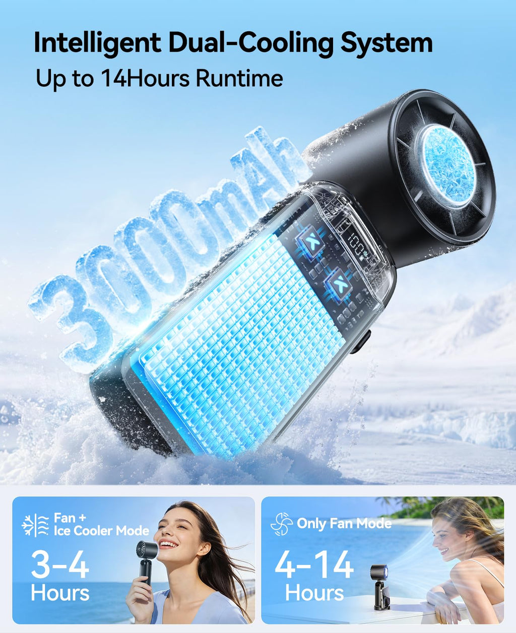 KIMMOO Portable Handheld Turbo Fan with Ice Cooler, Powerful 21000 RPM, Speed (1-199), Up to 14Hrs Cooling, Rechargeable Personal Fan (Black)