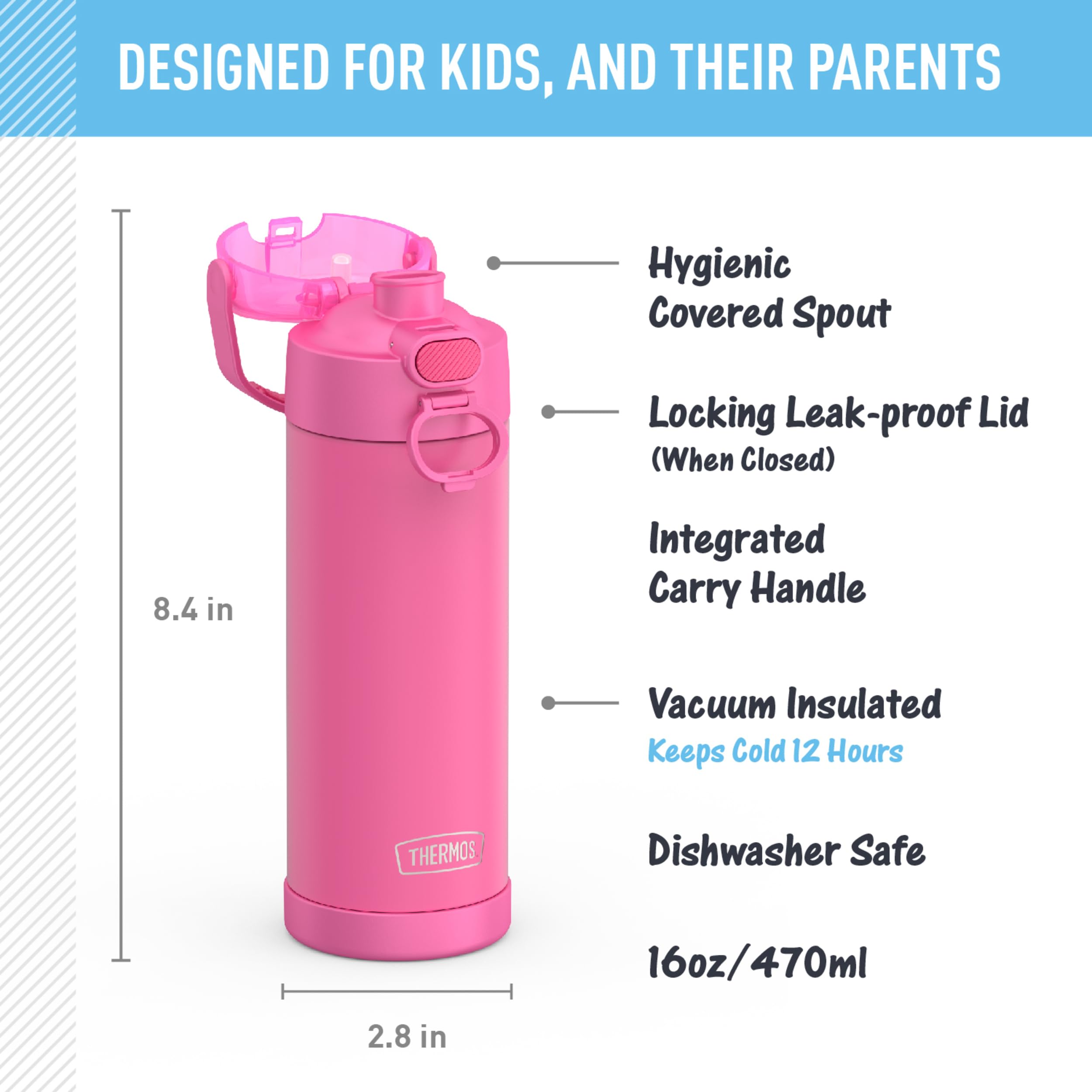 THERMOS FUNTAINER 16 Ounce Stainless Steel Vacuum Insulated Bottle with Spout and Locking Lid, Neon Pink