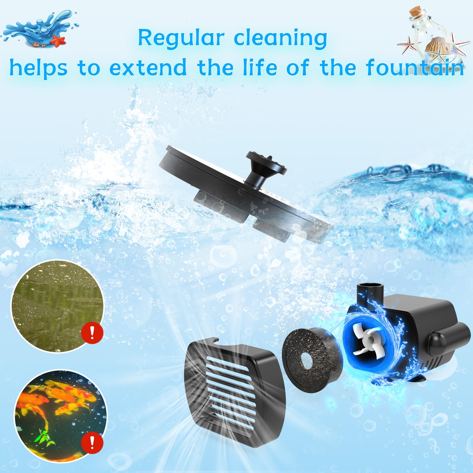 AMZtime Solar Fountain Pump 1W Bird Bath Fountain, Solar Powered Water Fountain with 8 Nozzle Set & 4 Fixer, Solar Fountain Pump for Bird Bath, Garden, Pond, Pool