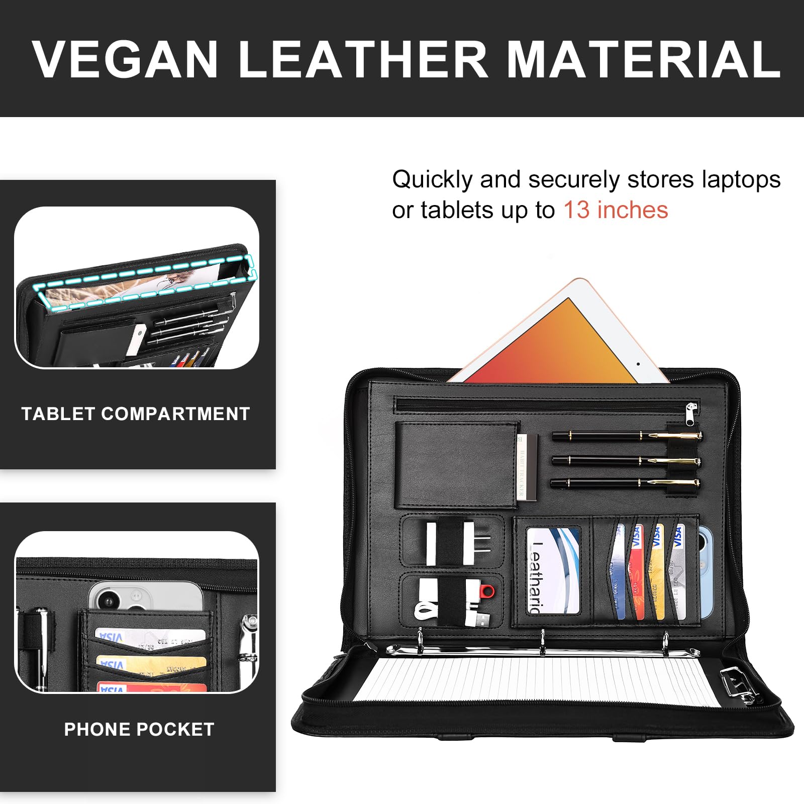 Leathario Portfolio, Vegan Leather A4 Padfolio with Handle, 3-Ring Zipper Binder, Includes 5 5-Tap Binder Dividers, Multi-Pocket Business Folder for Tablets, Files and Notepads, Office Supplies