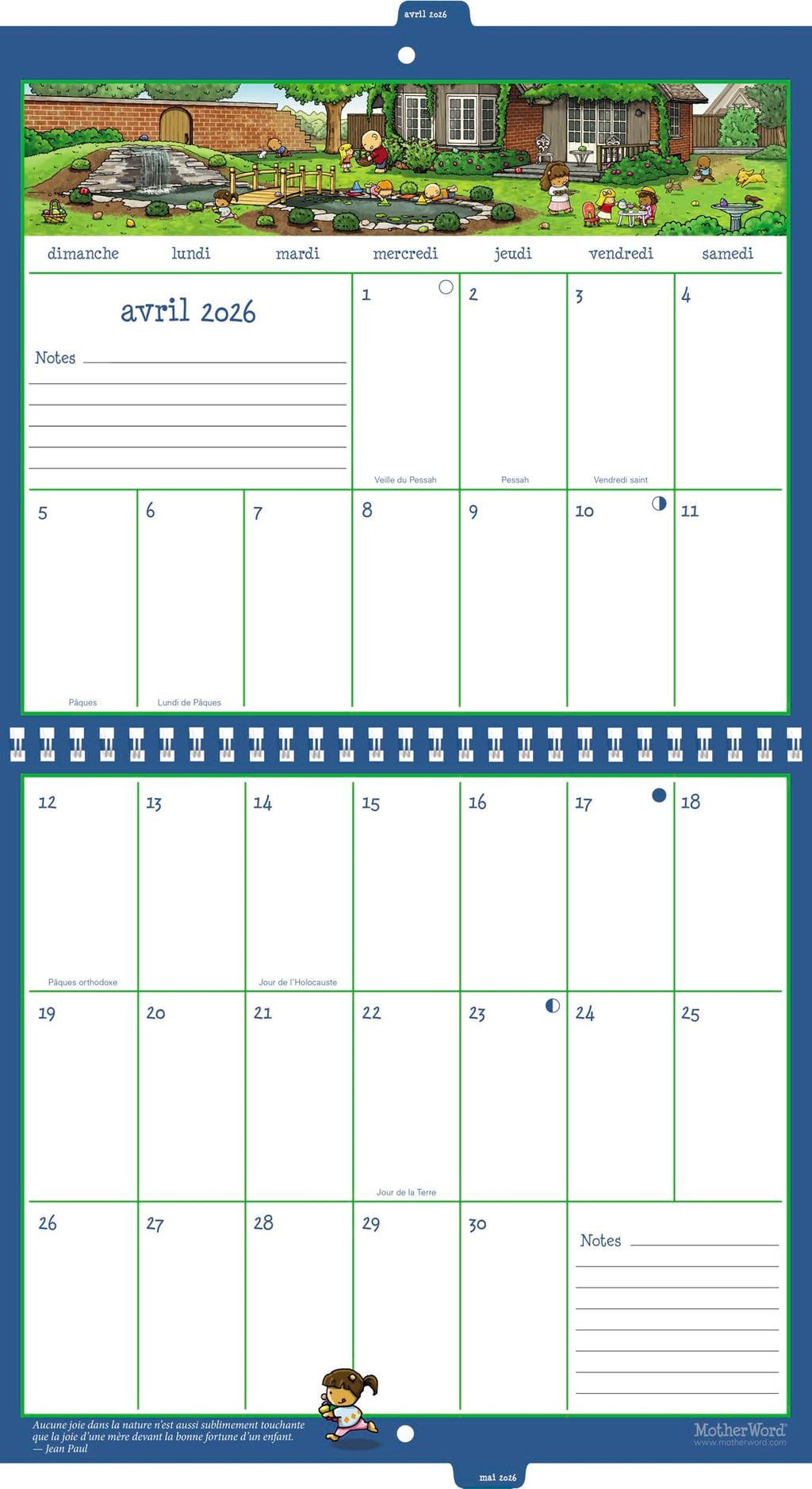 2026 MotherWord Ultimate Family Calendar, 16-Month Family Planner, Sept 2025-Dec 2026, French, Tabbed Wall Version, 12" x 21.5" (DDTF112826)