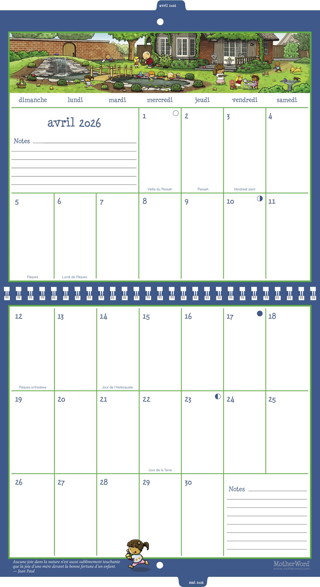 2026 MotherWord Ultimate Family Calendar, 16-Month Family Planner, Sept 2025-Dec 2026, French, Tabbed Wall Version, 12" x 21.5" (DDTF112826)