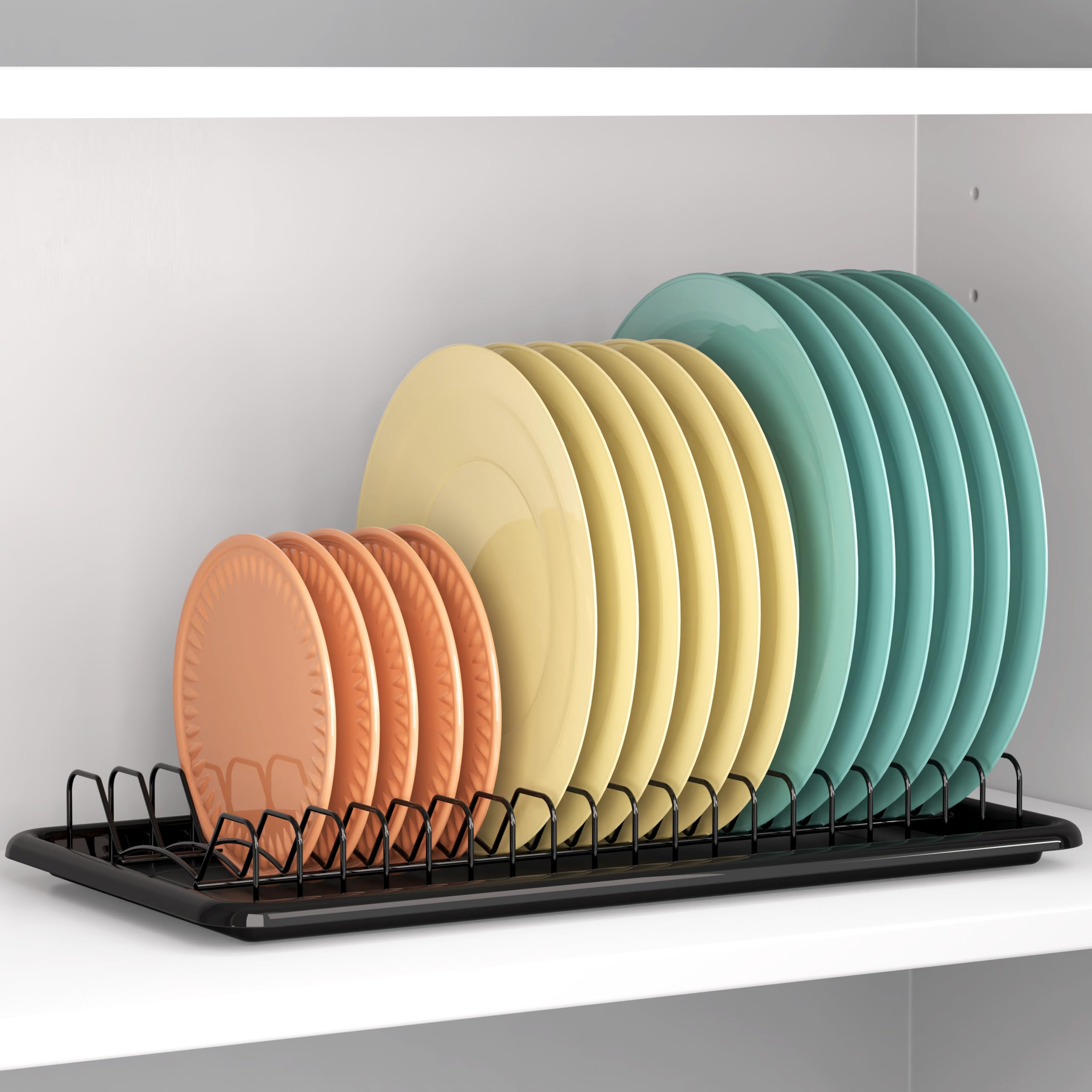 Simple Houseware Stainless Steel Plate Drying Rack with Drainboard, Dish Organizer for Kitchen Cabinet or Countertop Storage, Black