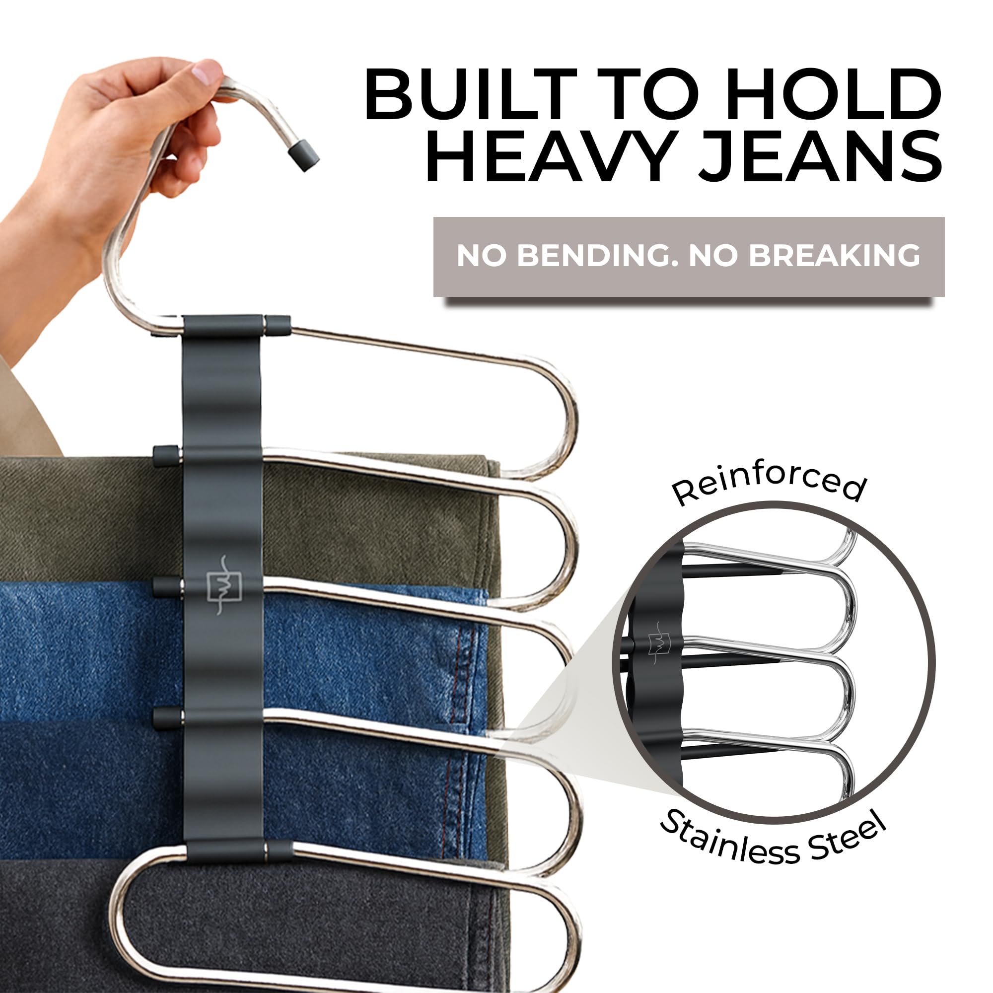 MORALVE Pants Hangers Space Saving - 4 Pack - Non-Slip Multi-Layer Space Saving Hangers - Multifunctional Clothing Rack for Closet Storage - Ideal for Jeans, Trousers, Skirts, Scarves & Slacks (Black)