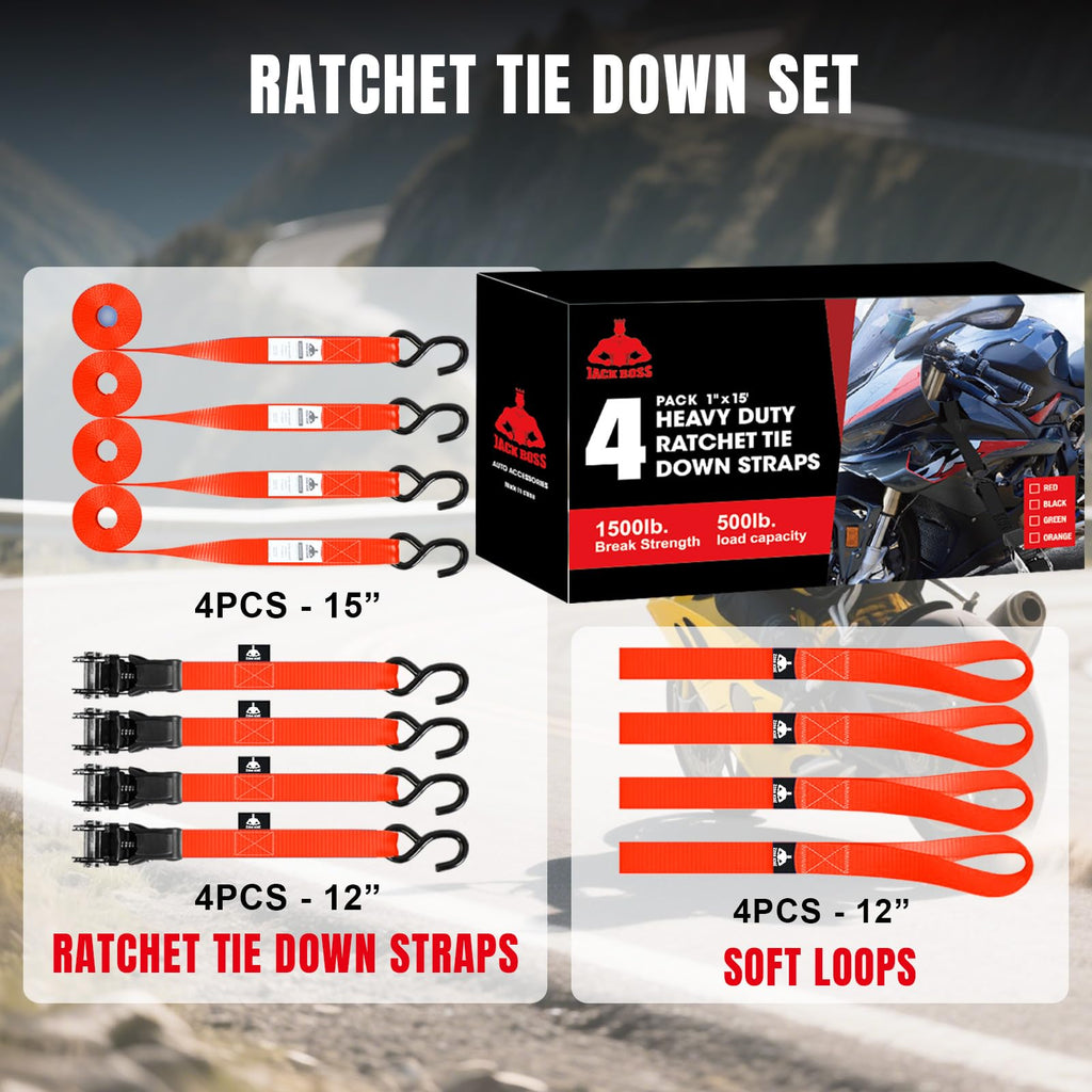Jack Boss Ratchet Tie Down Straps Set, 1500 lbs Break Strength, 1" x 15' Heavy Duty Ratchet Straps with 4X Soft Loops Padded Handles Coated S Hook, Fits for Moving Appliances Motorcycle, Red