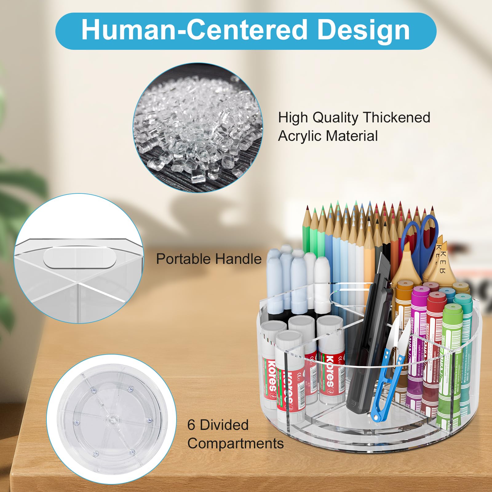 360-degree Rotating Clear Pen Organizer with 6 Compartments, Acrylic Pen Holder with Handle for Desk, Art Supply Organizer for Markers, Paints, and Brushes