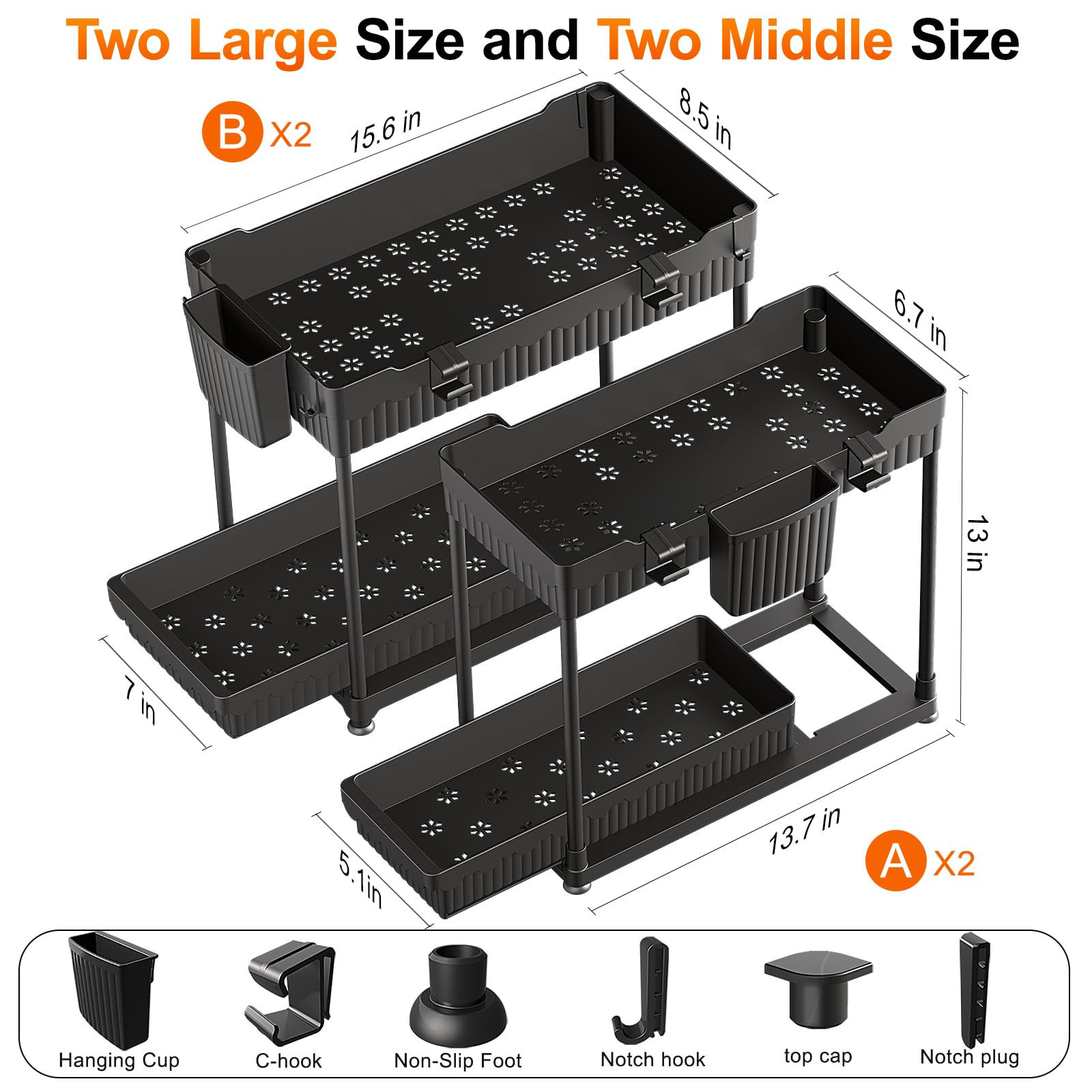 Sevenblue 4 Pack Under Sink Organizer and Storage,Bathroom Organizers, Multi-Use Under Sink Organizer for Bathroom and Kitchen with Sliding Drawer, Hang Hooks and Cups(Black,4 Pack)