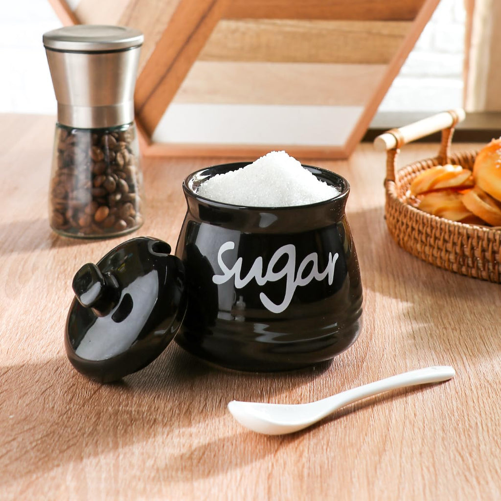 Ymyaye Ceramic Sugar Bowl with Lid and Spoon, 12oz Porcelain Sugar Jar for Home and Kitchen Decor (Black)