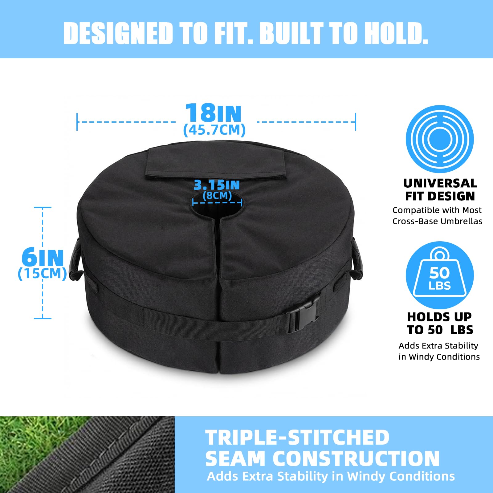 MTSBDM 18" Round Umbrella Base Weight Bag with Side-Slot Opening – Fits Offset, Cantilever, Flagpole & Outdoor Patio Umbrella Stands – Portable, Easy Fill & Install – Weather Resistant