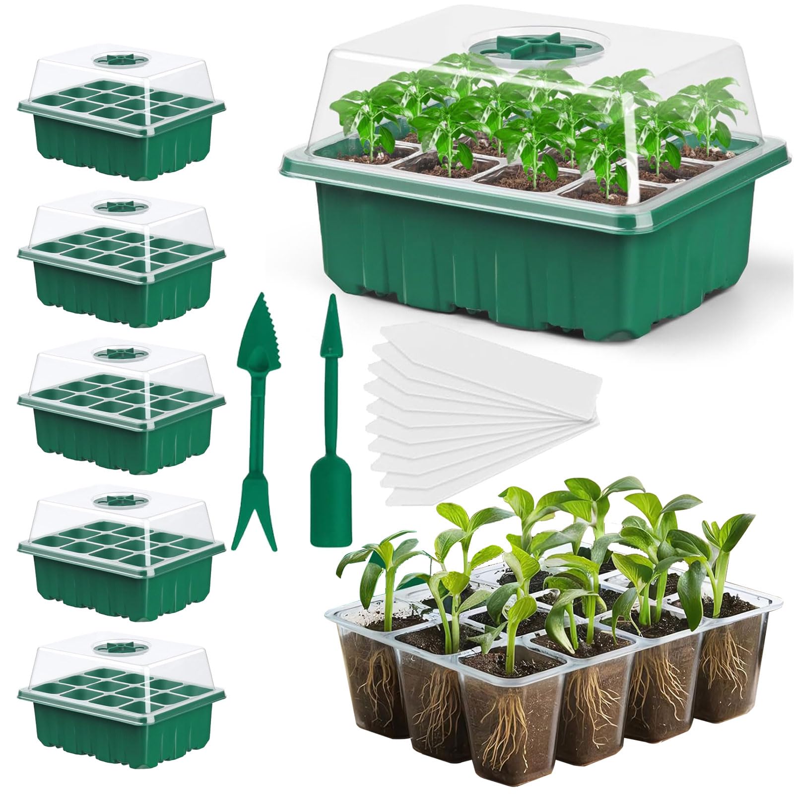 Seed Trays, 5 Pack Plant Seed Starter Tray with Humidity Domes, 60 Cells Total + Planting Tools & Labels, Reusable Indoor Seedling Germination Kit