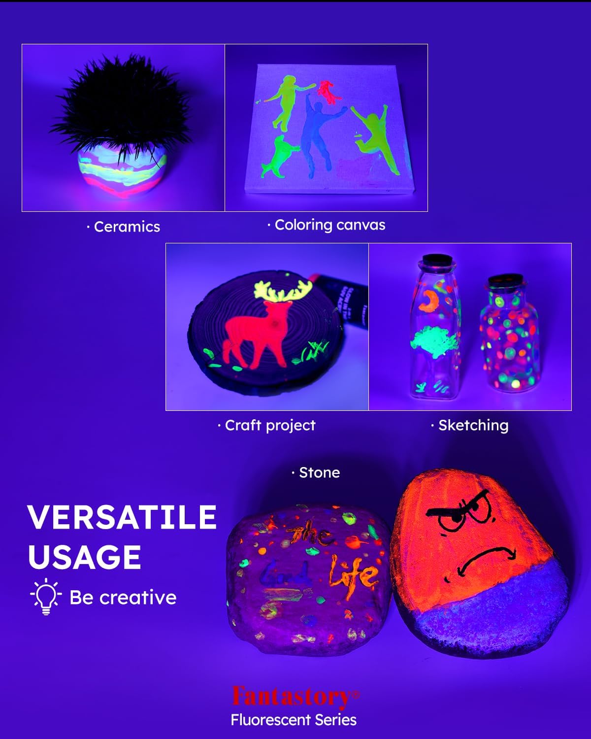 Fantastory Easter Glow in the Dark Paint,60ml/2oz,Neon Colors Glow Acrylic Paints,Waterproof Blacklight Paint for Outdoor Rock,Wood,Craft,Canva,Pumpkin,Holiday Decor [FluorescentSeries]