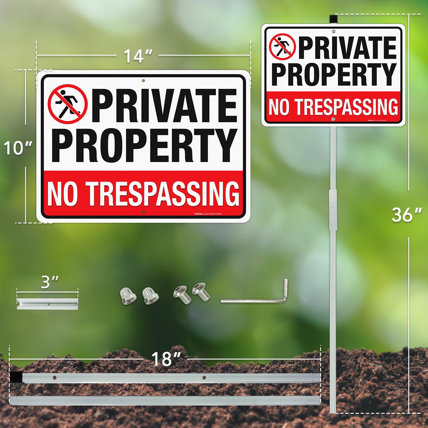 Faittoo No Trespassing Sign Private Property with 36" Stake for Outside, 14"x10" Rust Free Heavy Aluminum, Reflective, Fade Resistant, 2 pre-drilled holes, Includes Matching Screws & Wrench