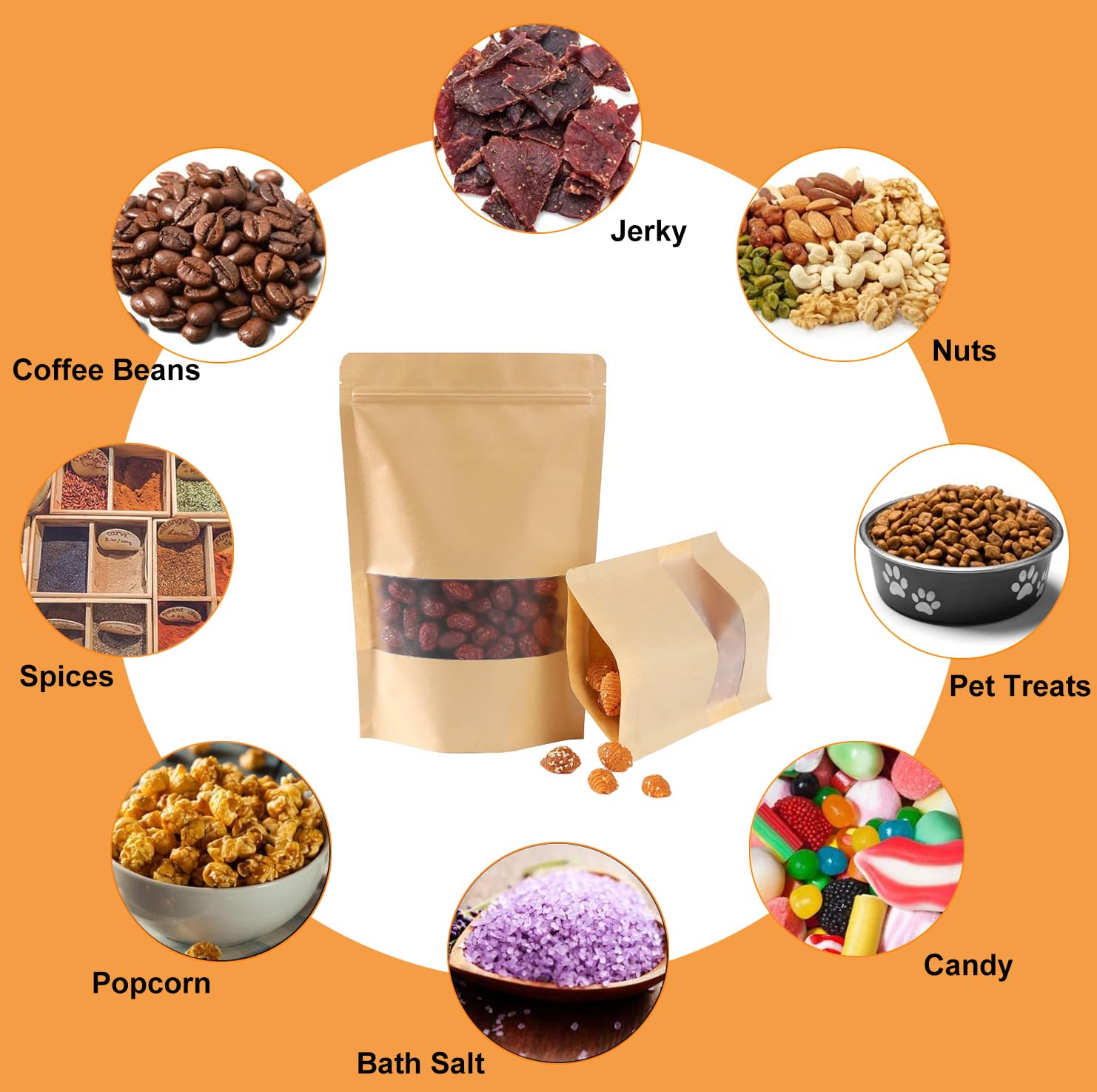 Matomtak Kraft Stand Up Bulk Pouches Resealable Paper Ziplock Bags with Window, 100 Pcs Sealable Food Storage Packaging Bags for Home and Business (Brown, 12x20cm/4.7x7.9inch)
