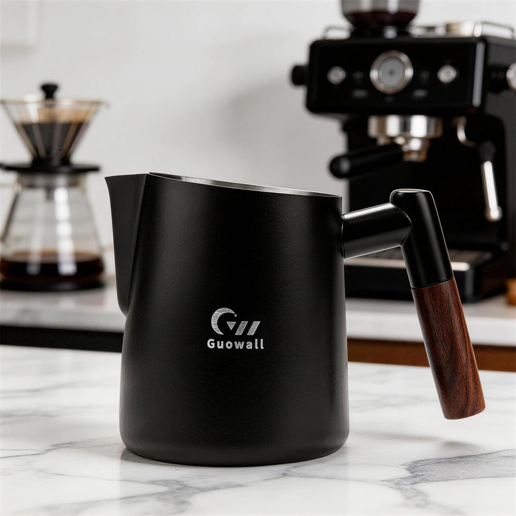 Guowall Milk Frothing Pitcher Stainless Steel Espresso Steaming Pitcher for Cappuccino Latte Art 14 oz (420 ml) Milk Jug Coffee Frother Cup with Wooden Handle - Black