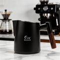 Guowall Milk Frothing Pitcher Stainless Steel Espresso Steaming Pitcher for Cappuccino Latte Art 14 oz (420 ml) Milk Jug Coffee Frother Cup with Wooden Handle - Black