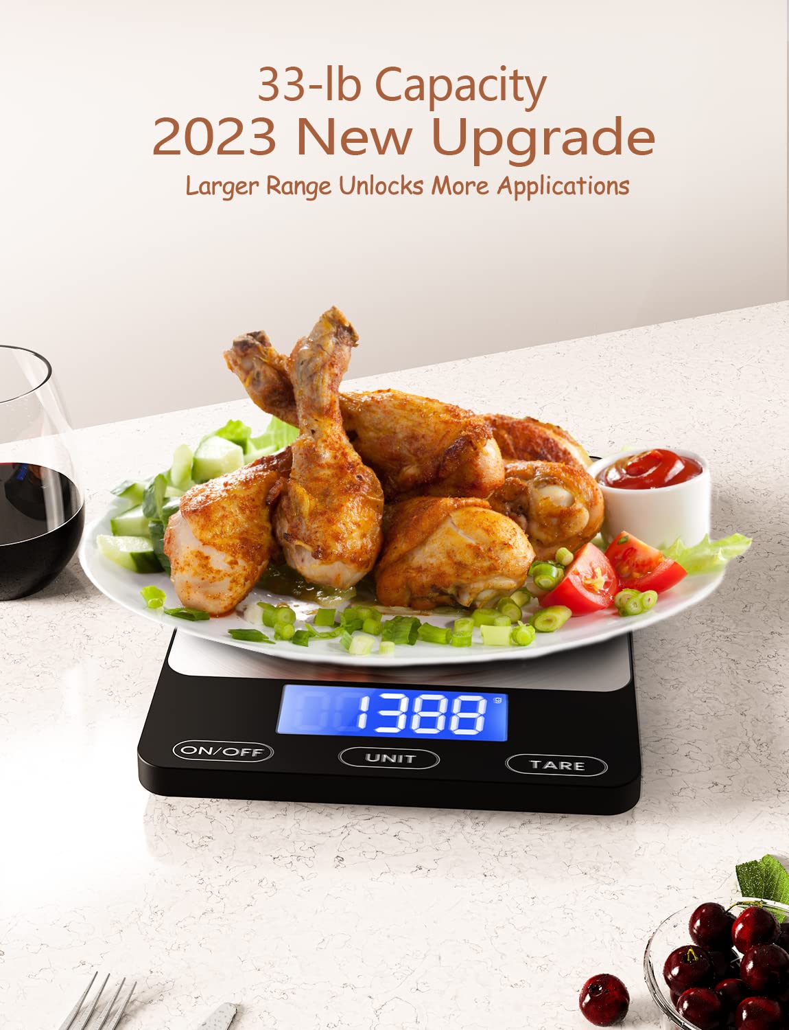 Food Scale -33lb Digital Kitchen Scale for Food Ounces Grams Rechargeable 304 Stainless Steel,Batteries and Type-C Charging | Perfect for Meal Prep, Cooking, and Baking, Blue