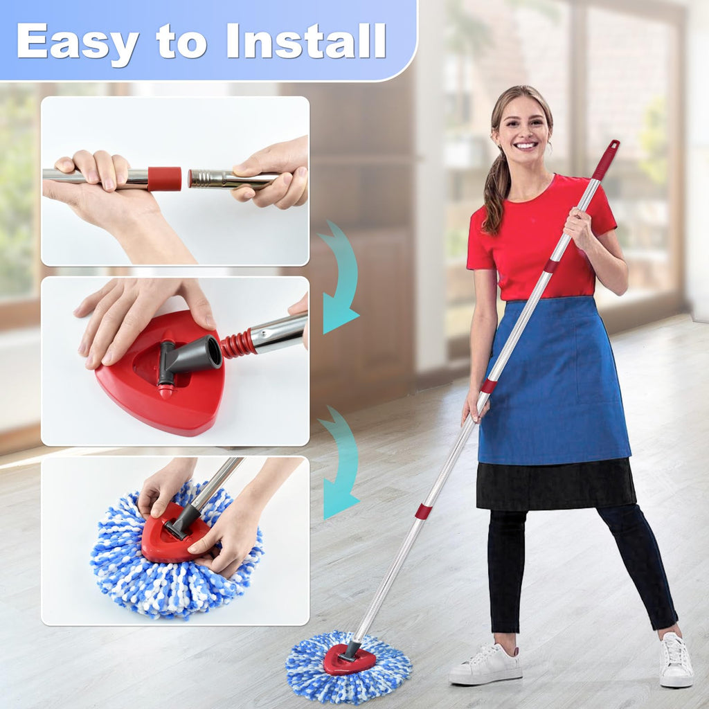 DLAIMI Spin Mop Head Replacement, Base, Mop Handle Replacement for Vileda RinseClean, 2 Microfiber Refills, 4-Section 30-59in Mop Stick, Cover and Scrubber(2-Tank System)