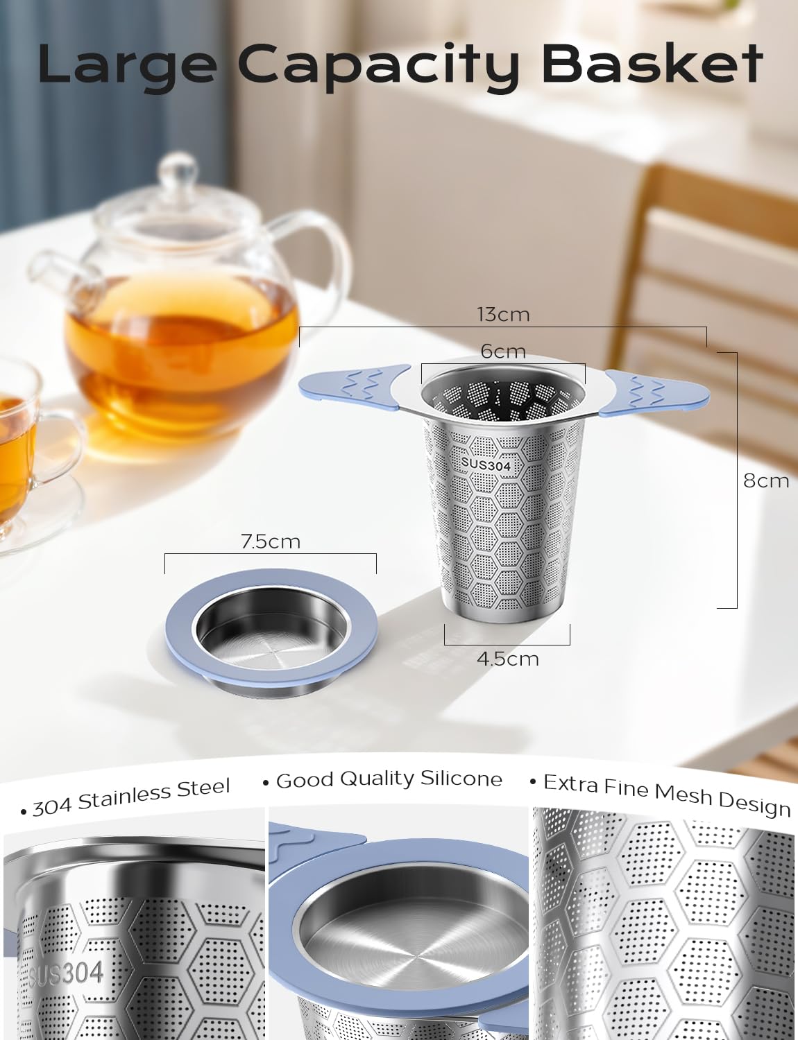 CTIANWXY 2Pcs Large Tea Infuser for Loose Leaf Tea,18/8 Stainless Steel Tea Infuser with Heat Proof Silicone Handles,Extra Fine Mesh Tea Strainers Filter Fine Tea Leaves Effectively,Fits TeaPots/Mugs