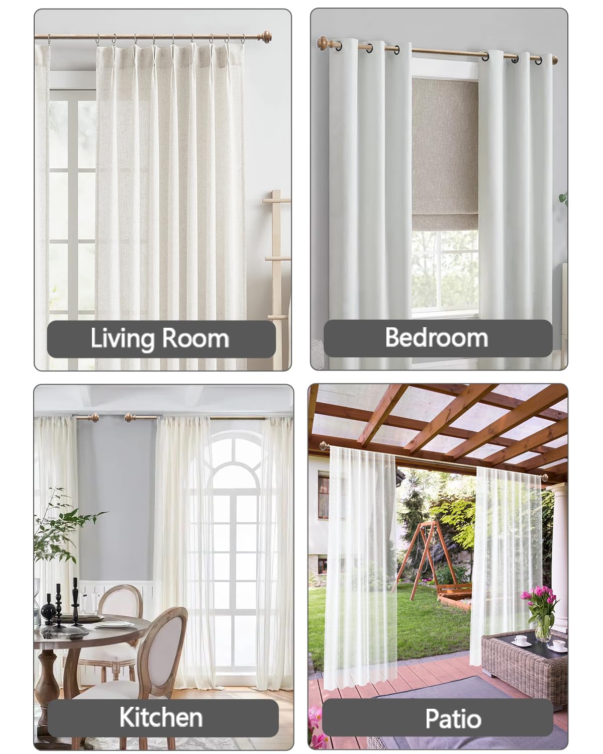 Wood Curtain Rods for Windows 48 to 84 Inch, 1 Inch Adjustable Curtain Rod Heavy Duty Wood Grain Boho Drapery Rods Decorative Farmhouse Rustic Outdoor Curtains Rod