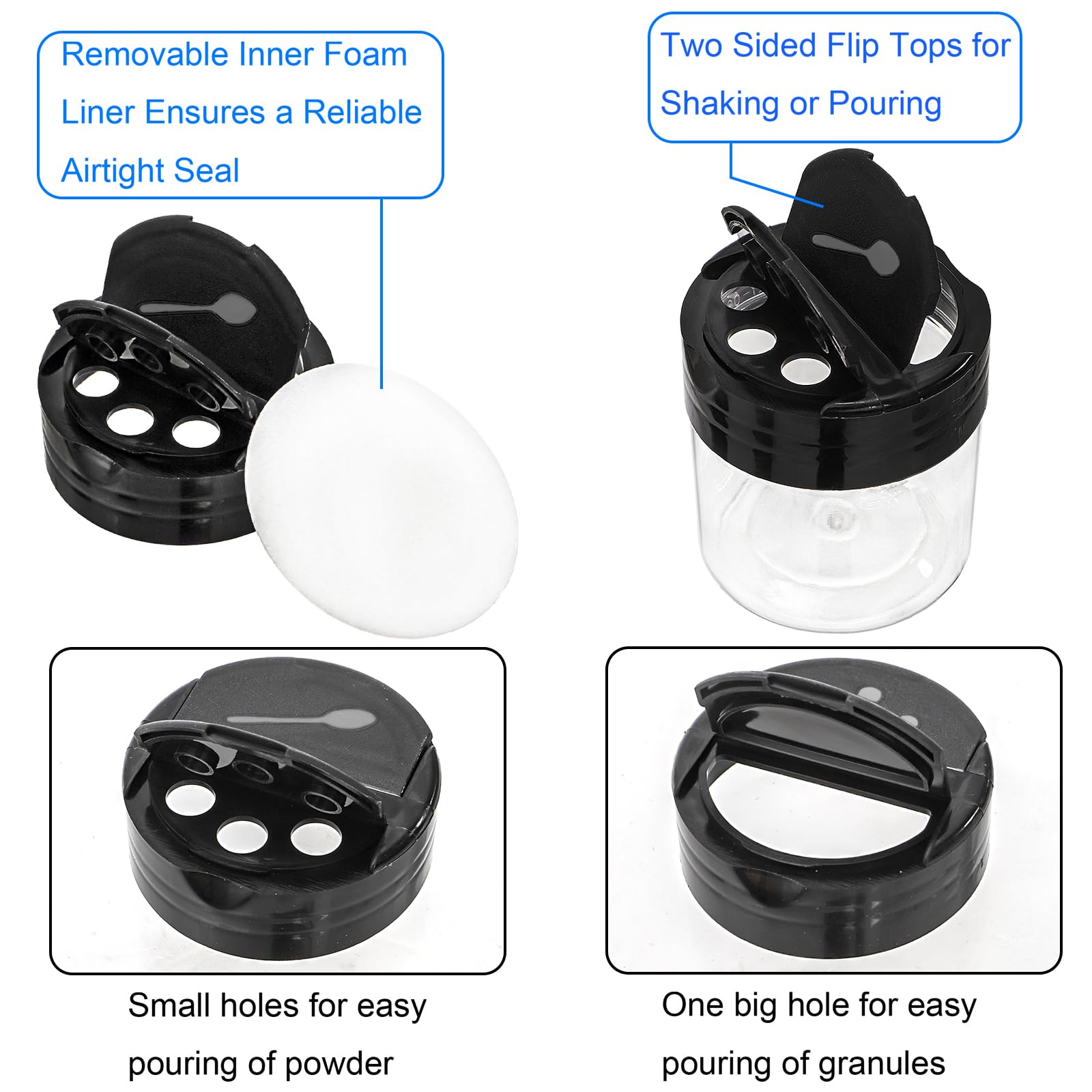 Foraineam 30 Pack Clear Plastic Jars 4 oz Mini Seasoning Bottles Spice Jars with Black Flip Cap to Pour Or Shaker, Round Food Safe Storage Containers with Lids for Spice Powders Cosmetics Crafts