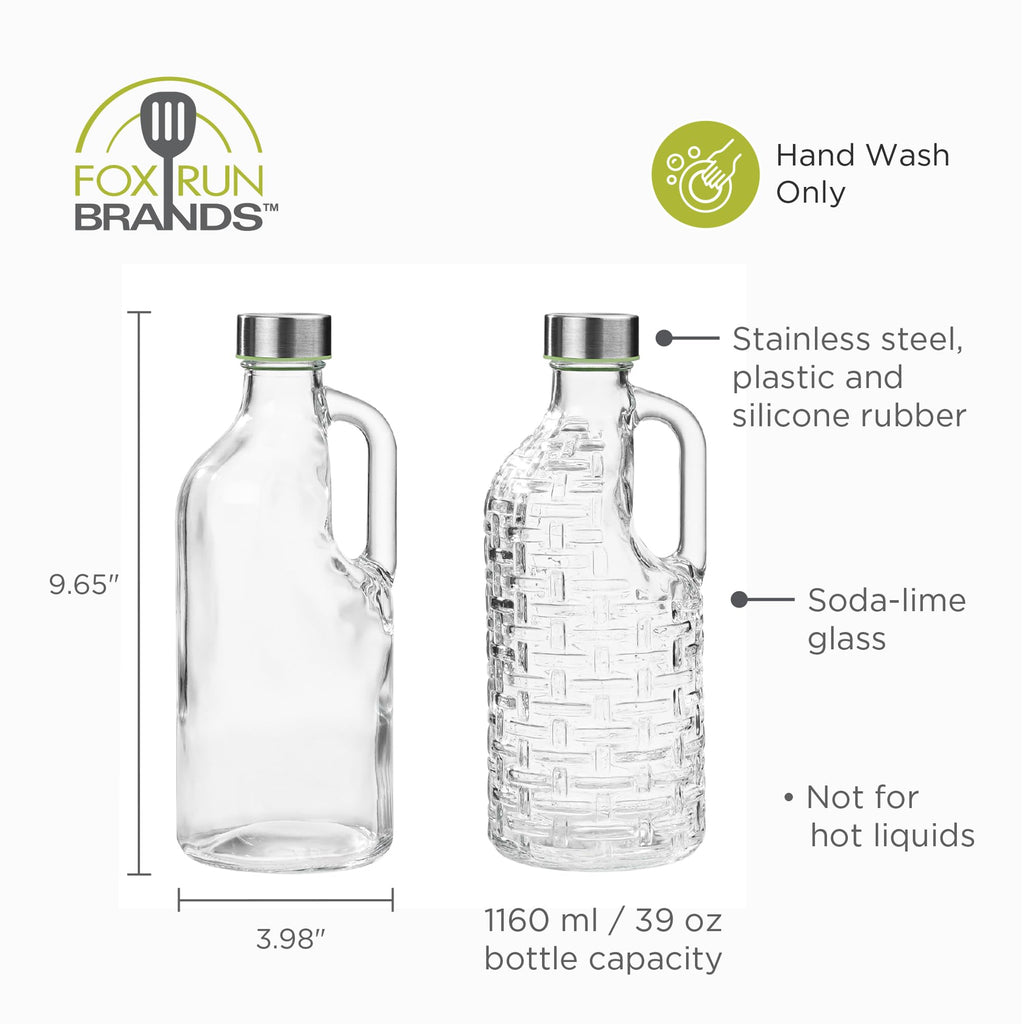 Fox Run Glass Bottle and Lid Set, Set of 2 Glass Pitchers with Stainless Steel Lids, 39 oz/1.15 Liter Capacity Each
