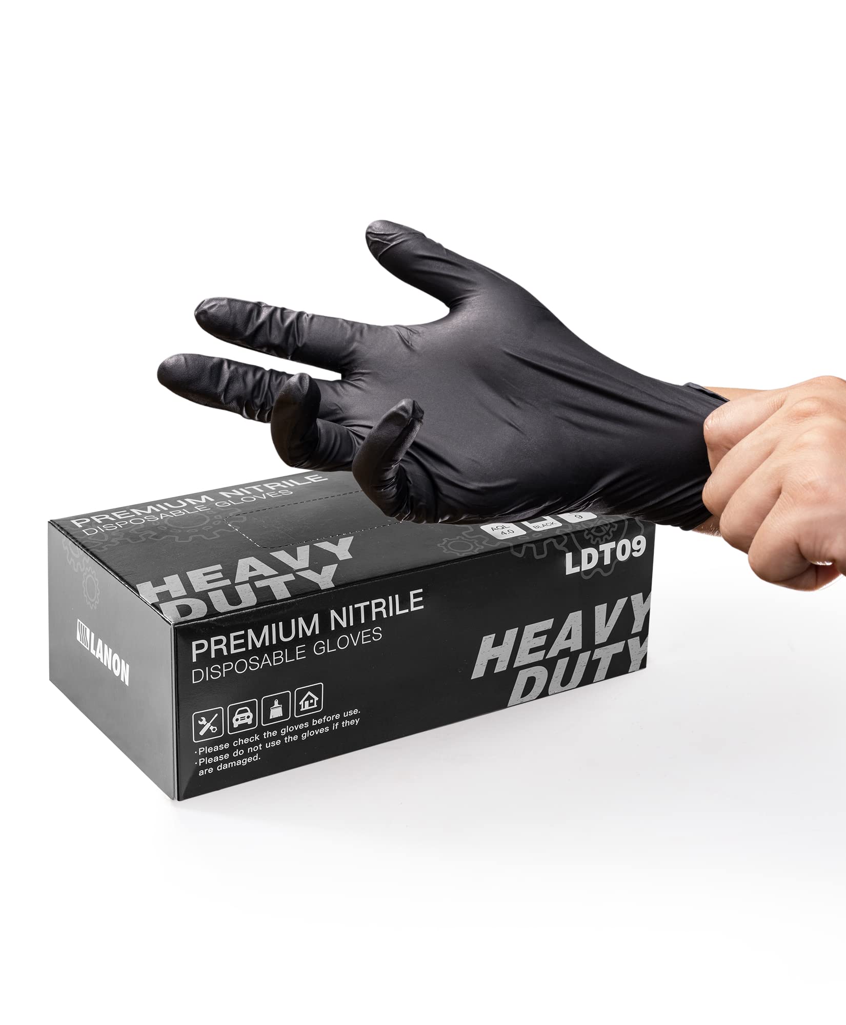 LANON 6-mil Black Nitrile Disposable Gloves, Food-Safe, Powder-Free, Heavy-Duty, Textured Fingertips, Latex-Free, Medium