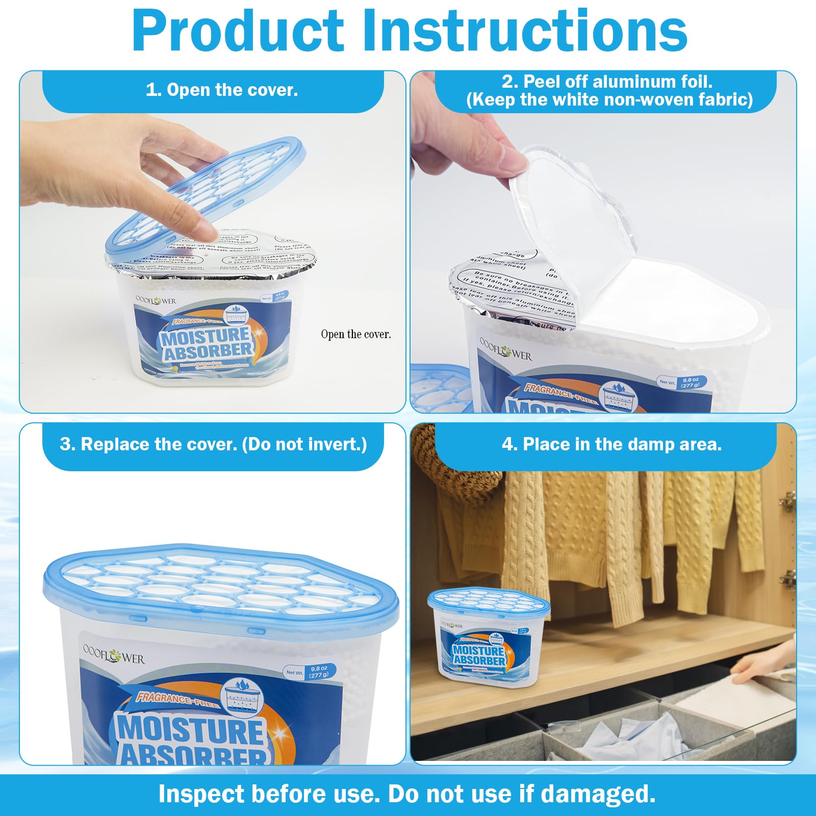 OOOFLOWER 3-Pack Moisture Absorber, 9.8 oz (277g) Each, Unscented Dehumidifier, Traps Excess Moisture & Humidity for Closets, Bathrooms, RVs, Basements