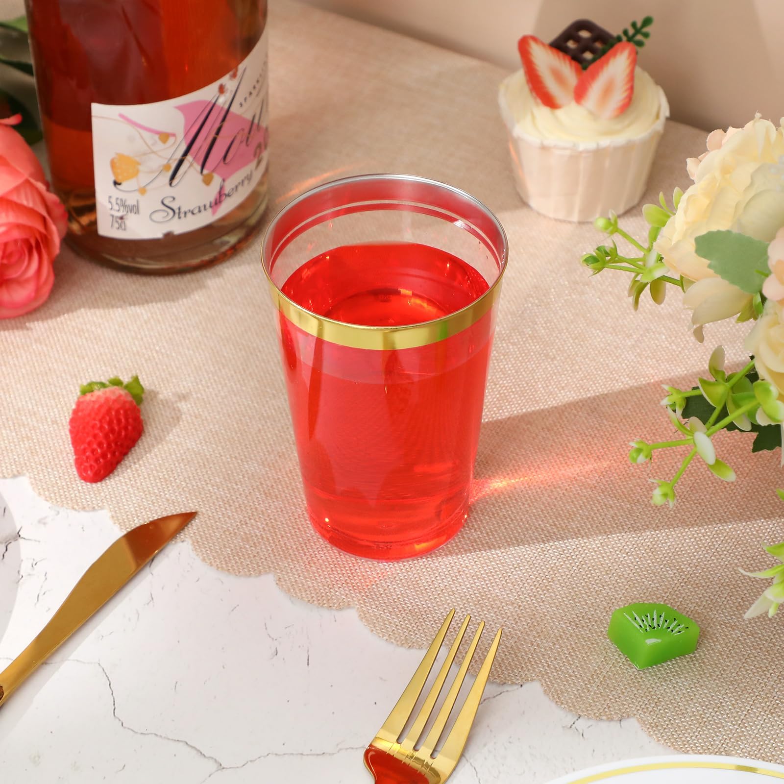 60PCS 12oz Plastic Cups with Gold Rim, Clear Plastic Cups, Heavy-Duty Disposable Hard Plastic Glasses, Party Cups for Wedding Birthday Party Bridal Showers Christmas Picnic