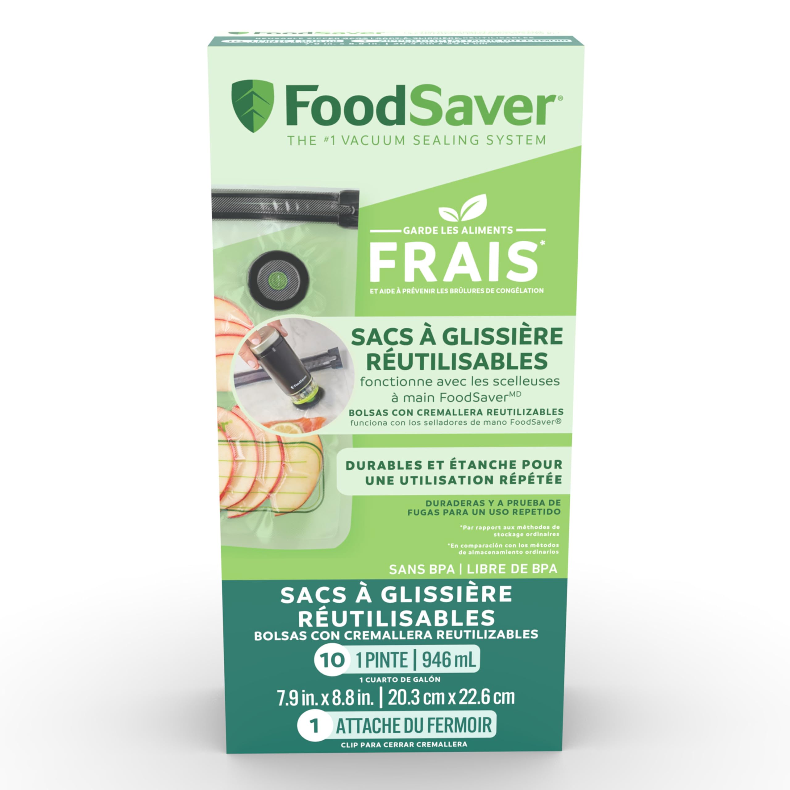 FoodSaver Reusable Vacuum Zipper Bags, Use with FoodSaver Handheld Sealer, Quart-Size (946 mL), 10 Pack